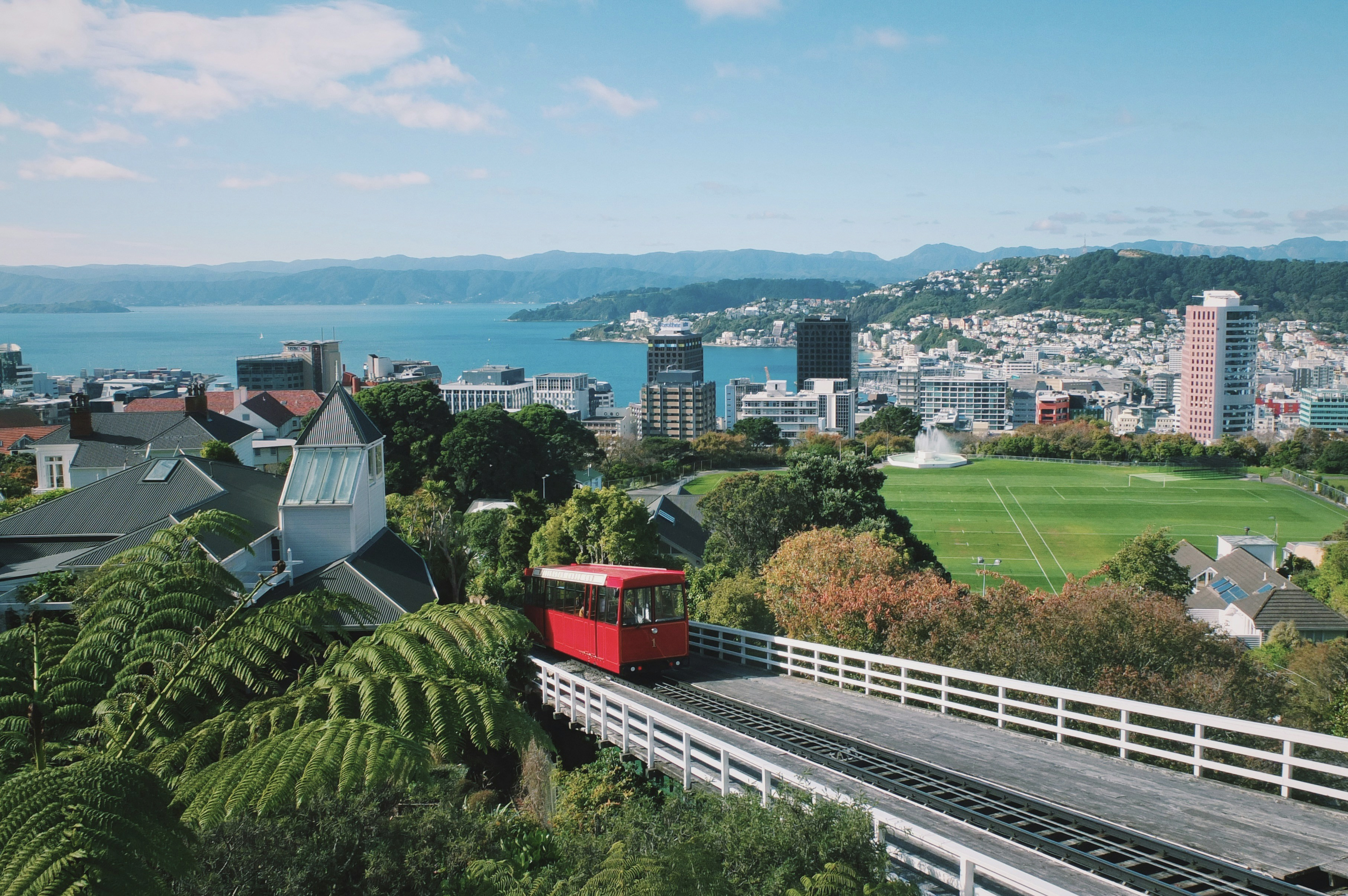 Red Wellington Cable Car ascending above harbor city panorama, New Zealand