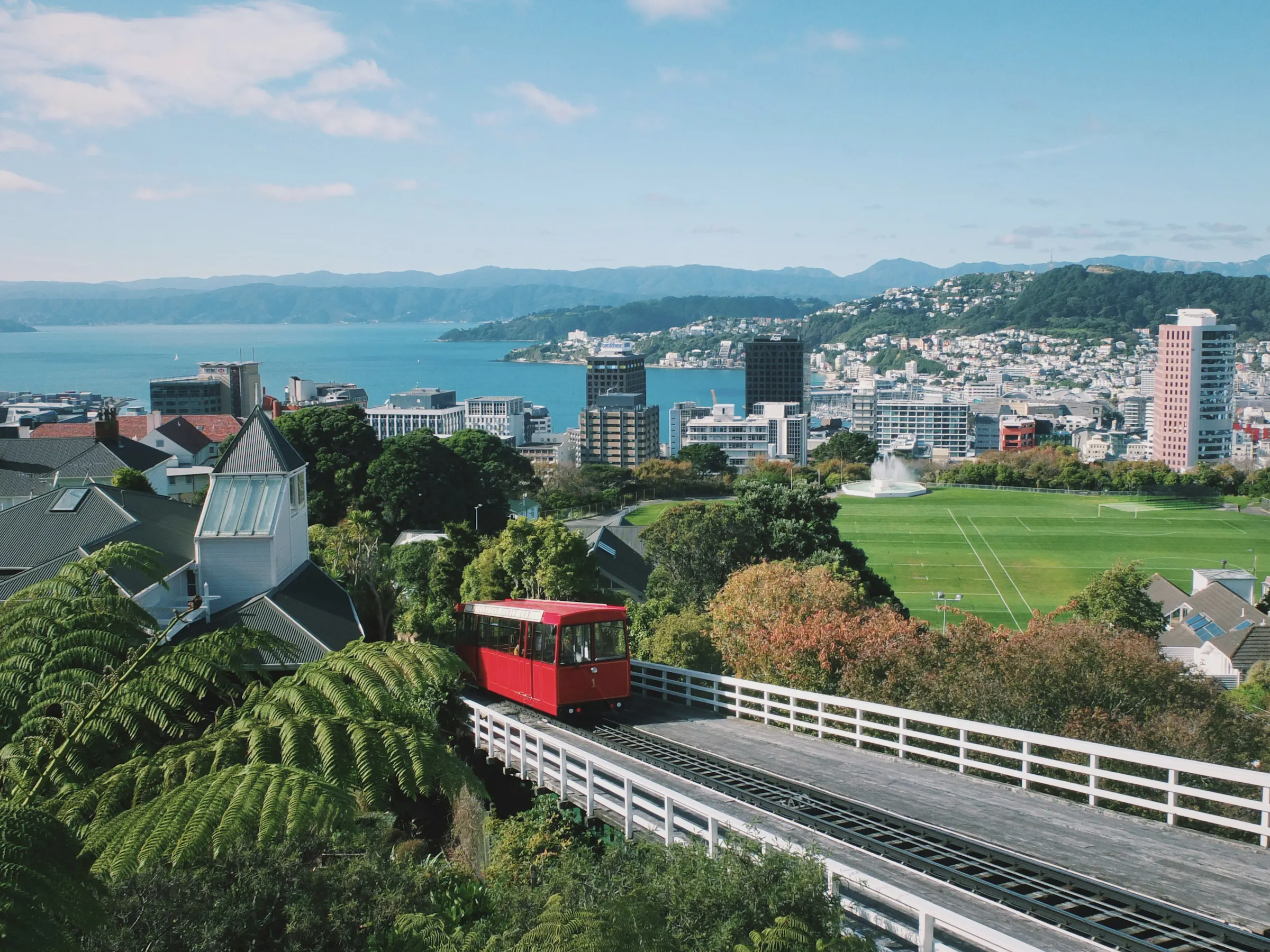 Red Wellington Cable Car ascending above harbor city panorama, New Zealand