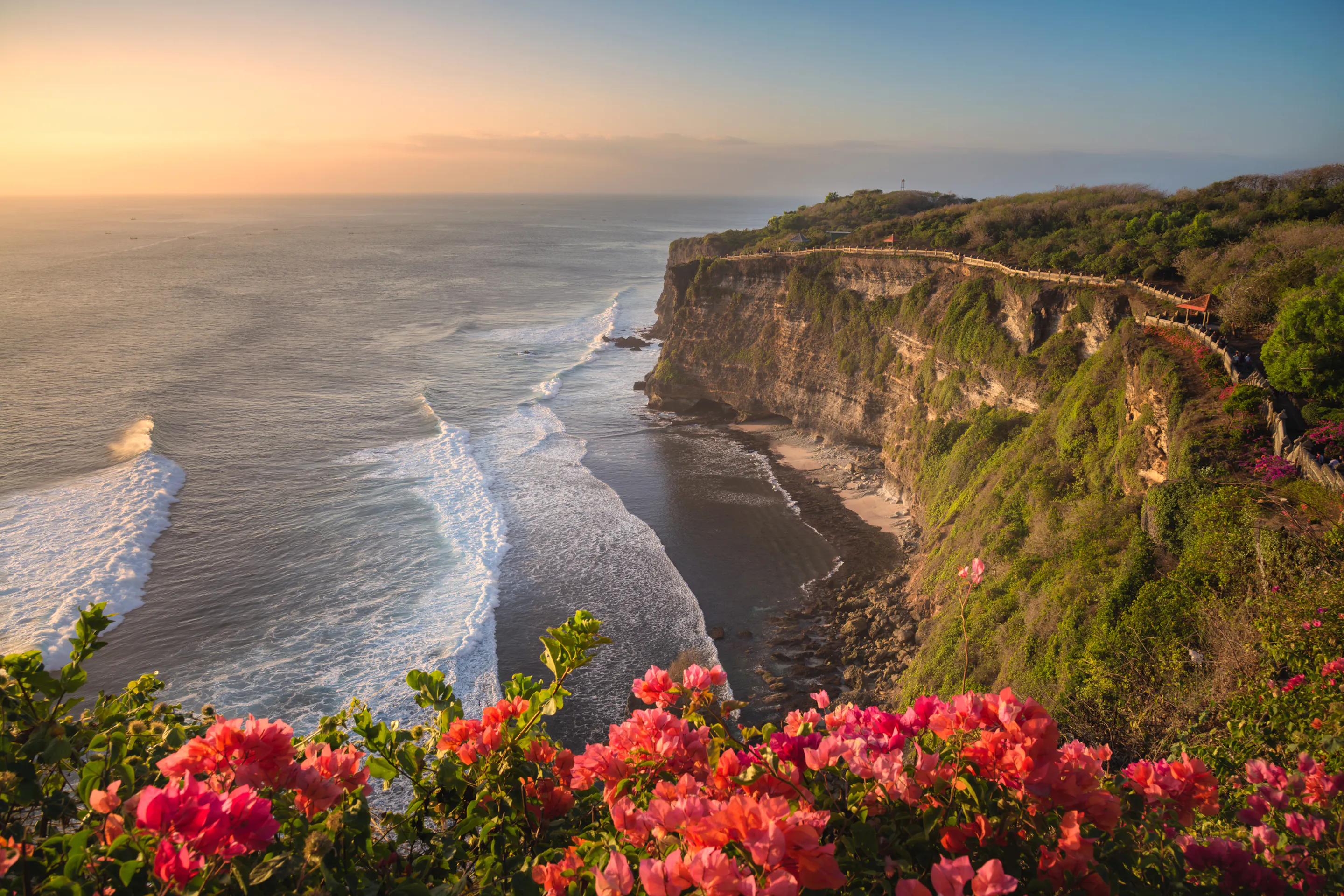 Uluwatu cliffs and coastline in Bali, Indonesia with pink bougainvillea flowers at sunset