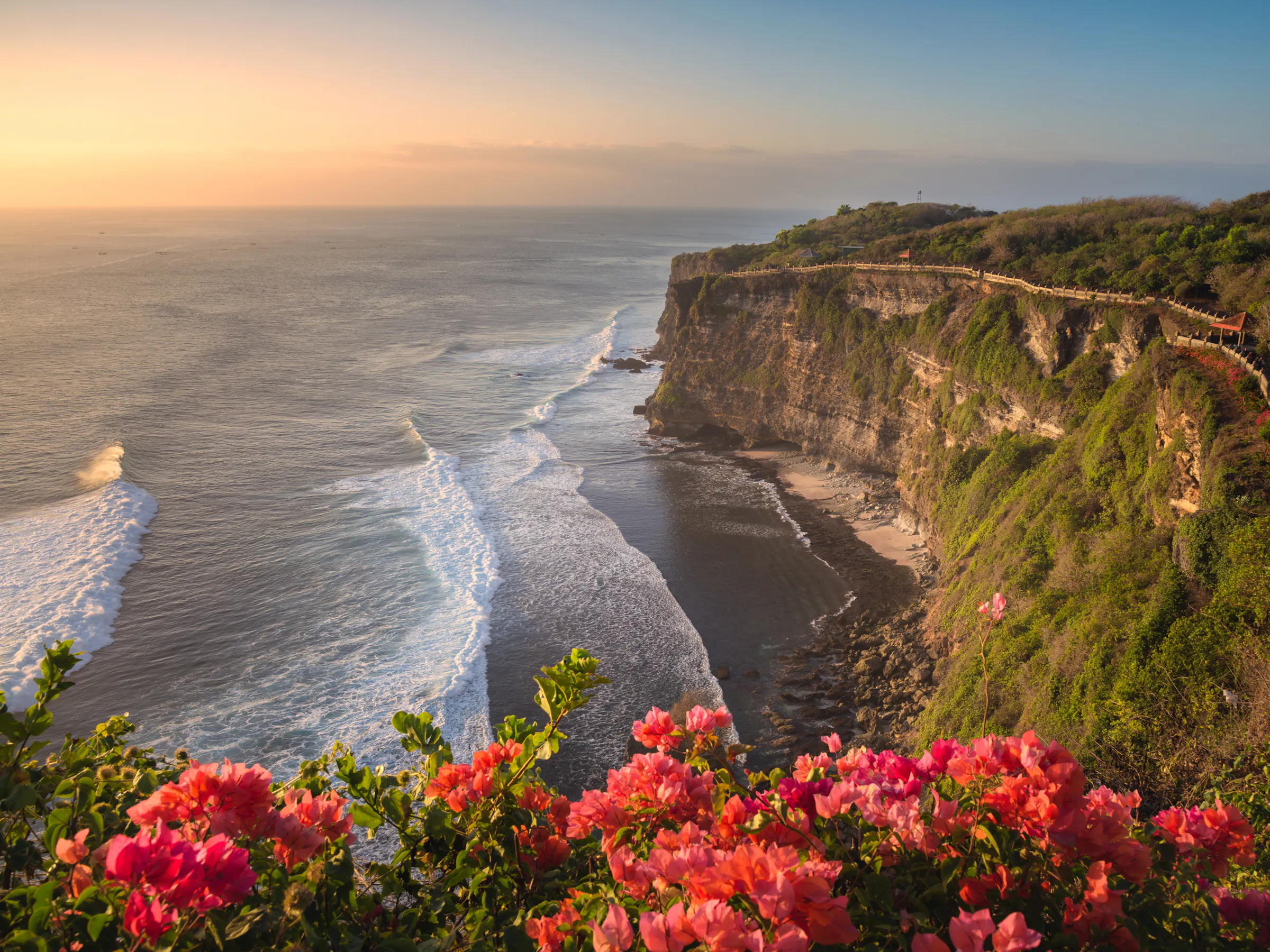 Uluwatu cliffs and coastline in Bali, Indonesia with pink bougainvillea flowers at sunset