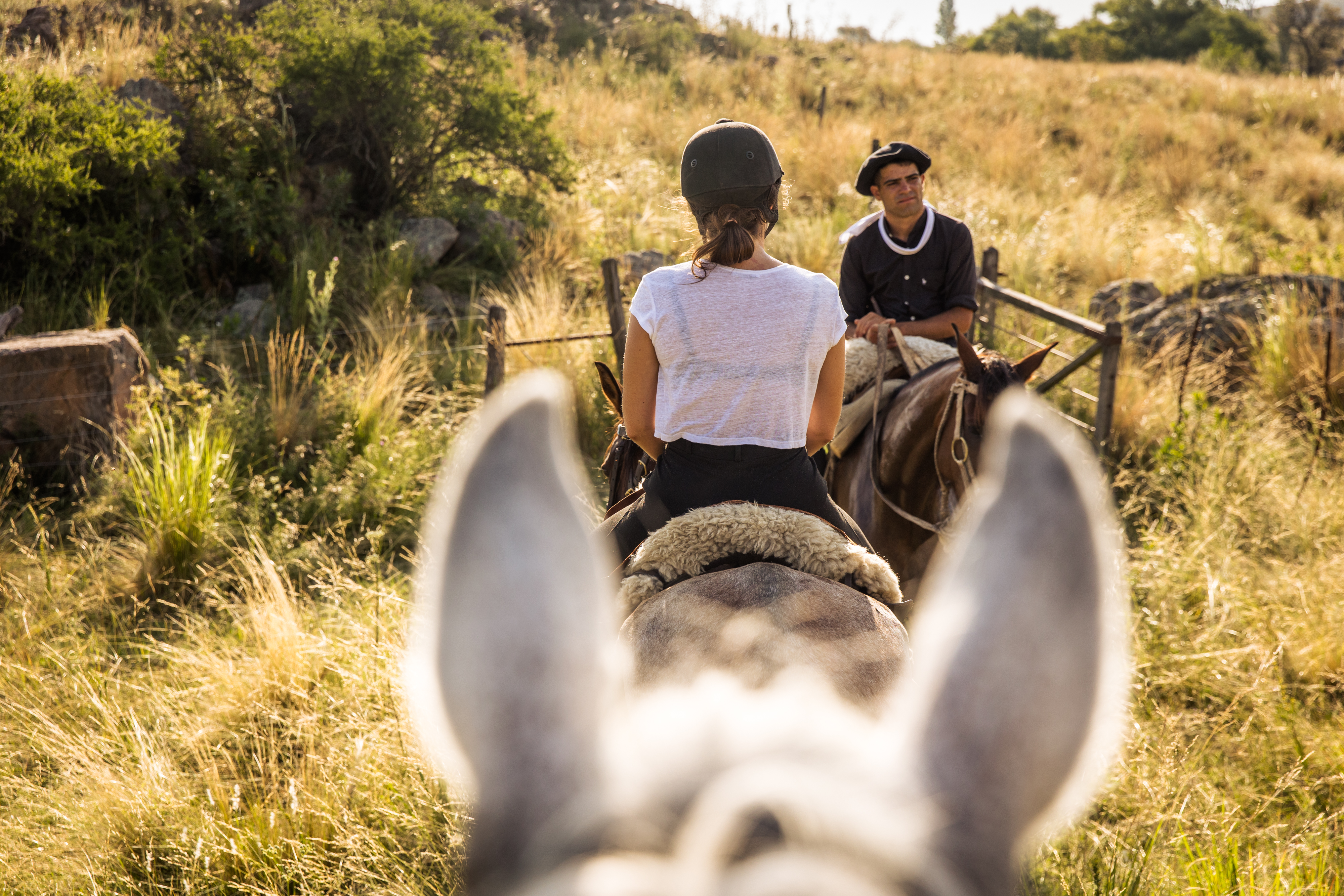 Two riders on horseback make their way along a grassy trail in the Argentine countryside