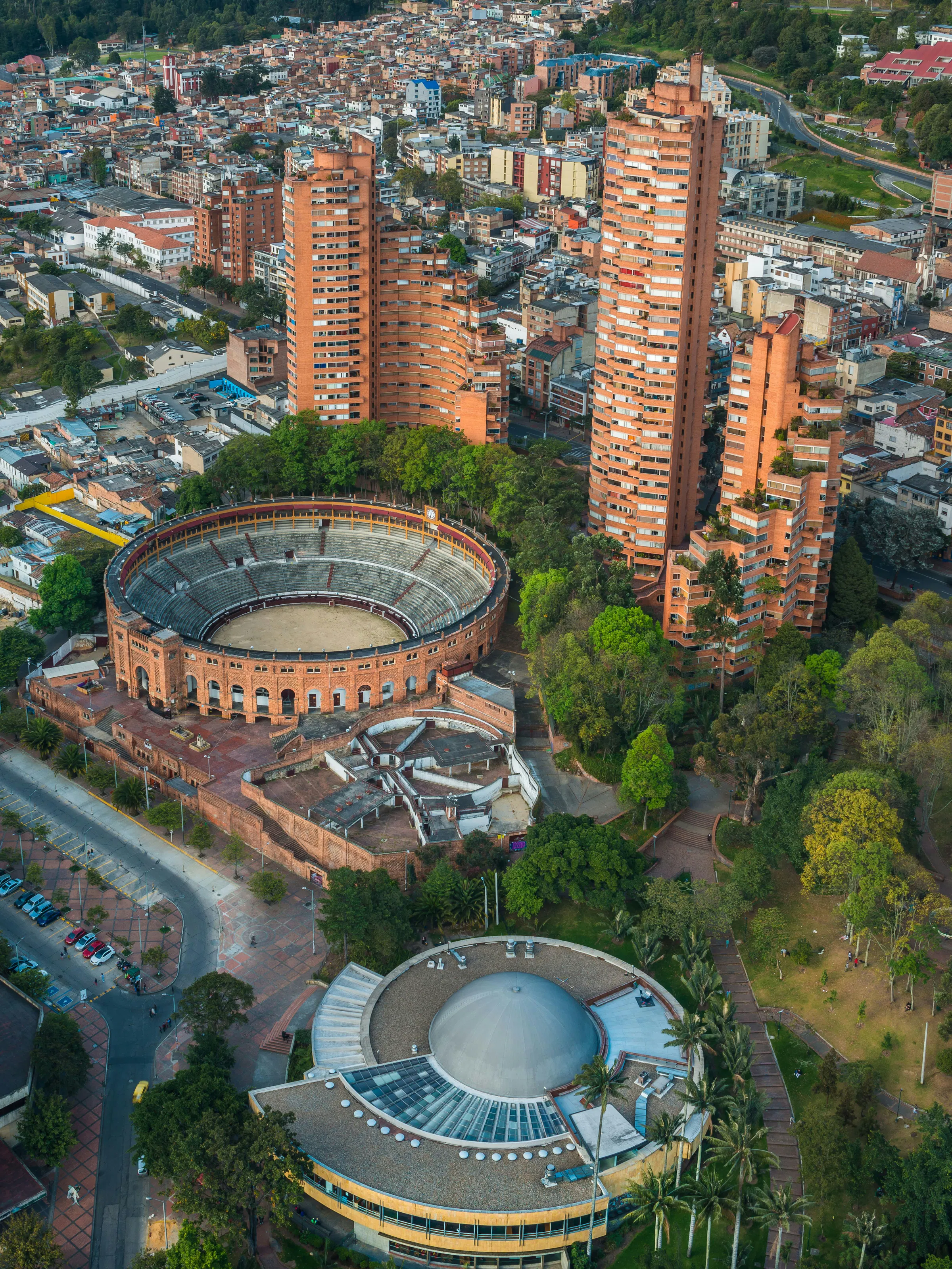 Aerial view of La Santamaría bullring and Torres del Parque towers in Bogotá, Colombia