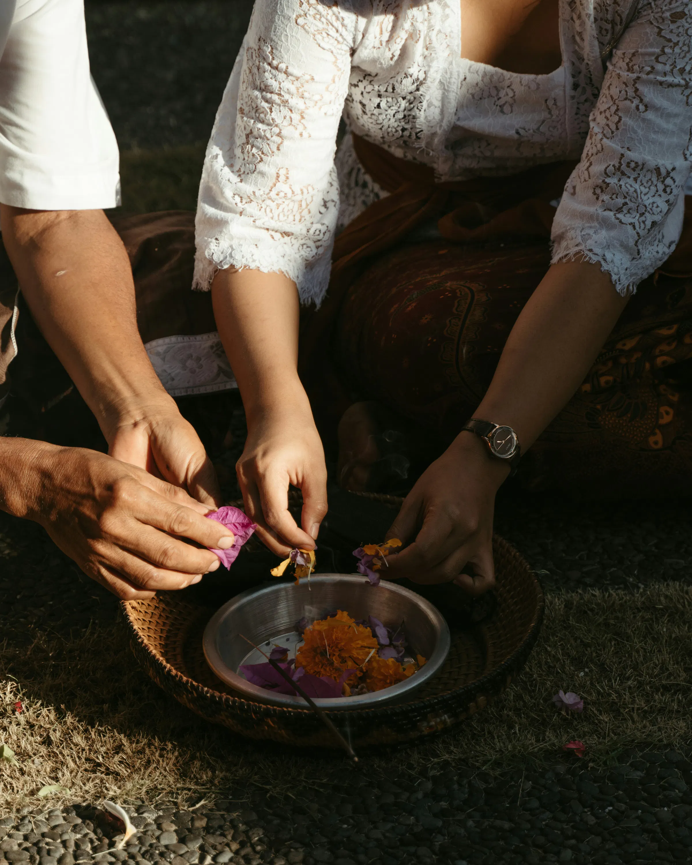 Woman in white shirt arranges an offering during a Galungan ceremony