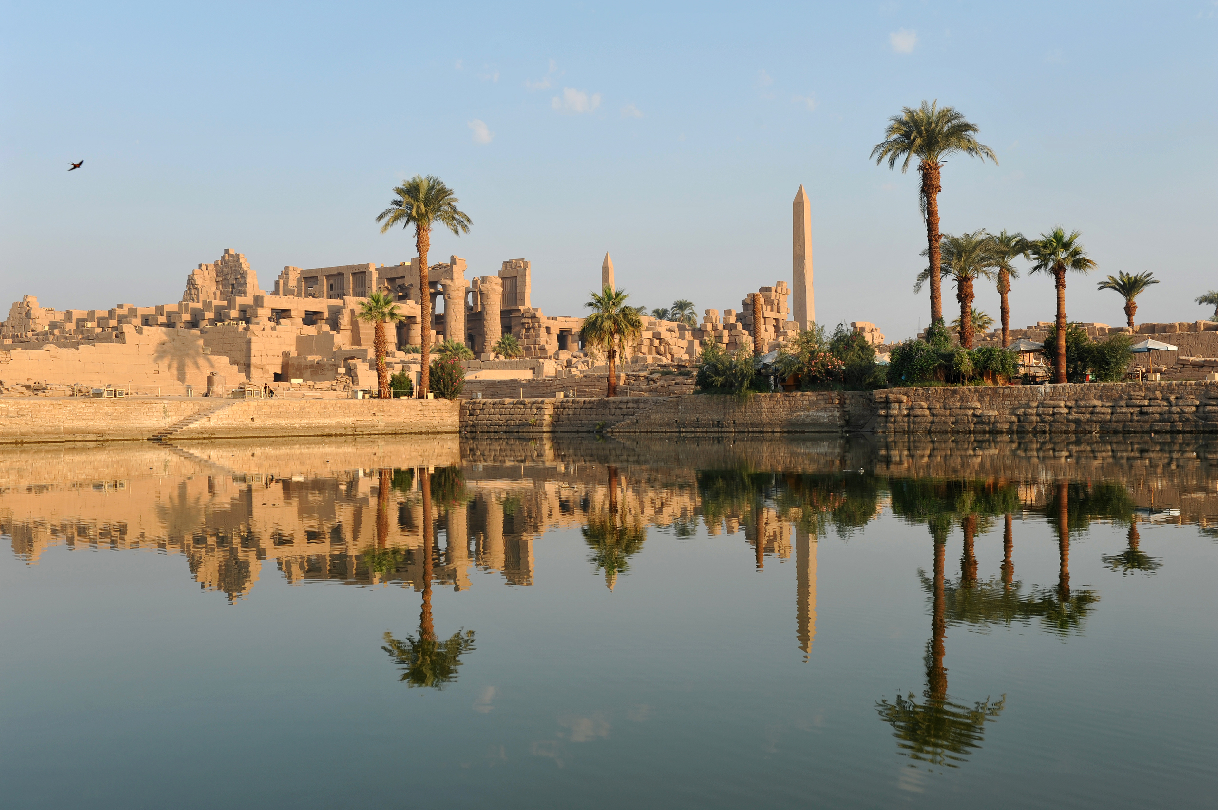 Karnak Temple obelisk and palms reflected in river, Egypt