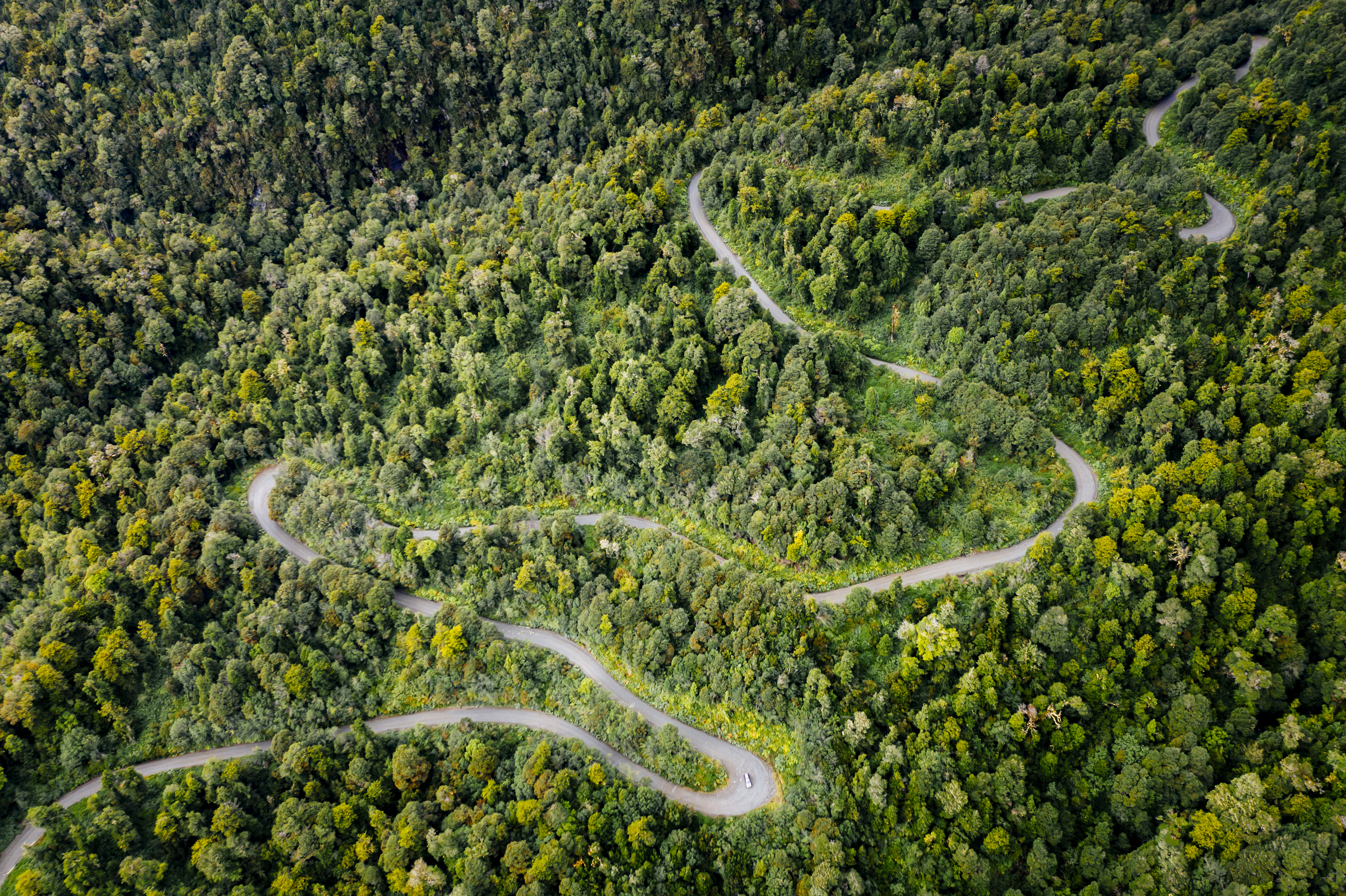Aerial view of Carretera Austral, a winding road through Aysén, Chile