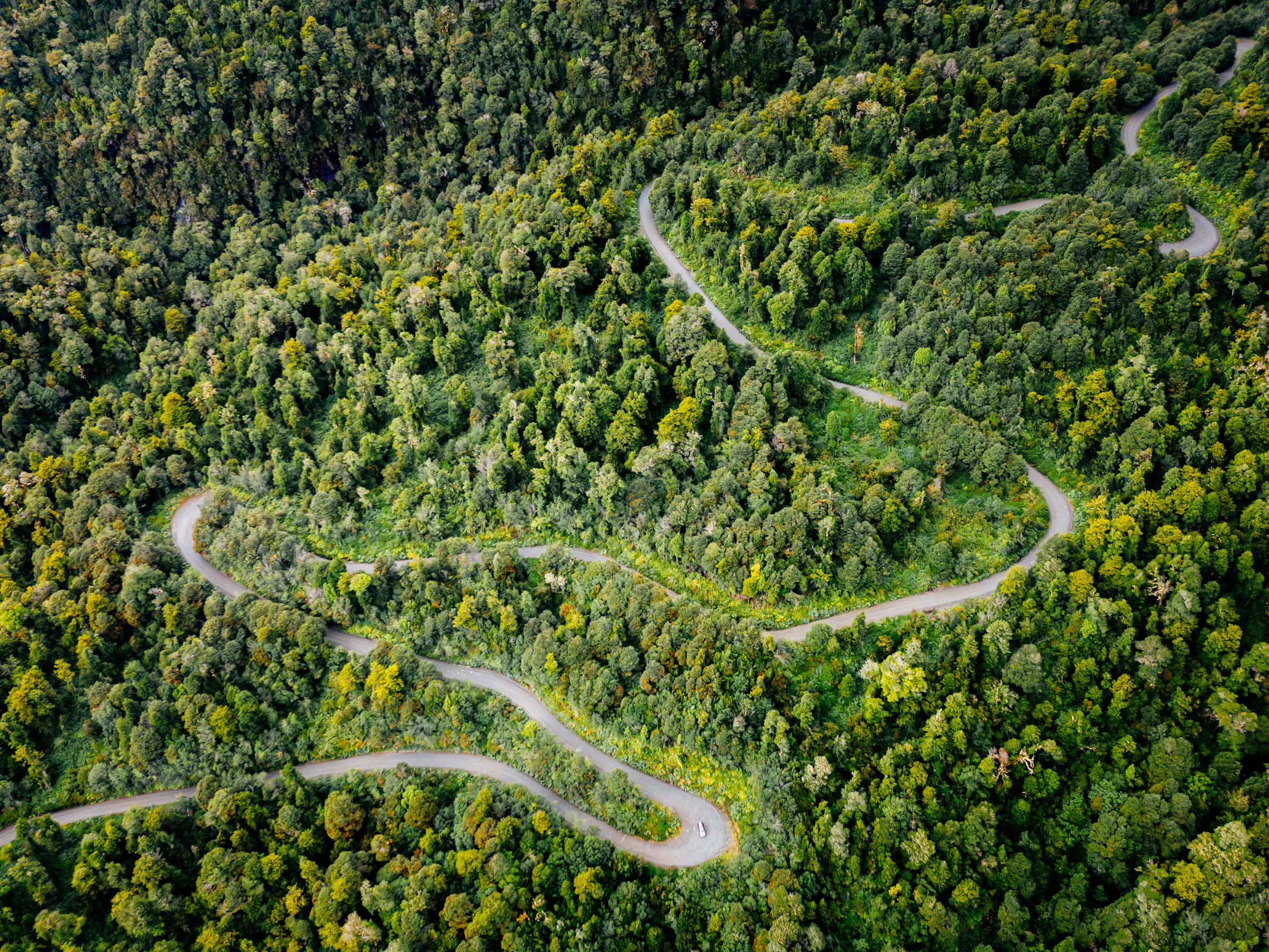 Aerial view of Carretera Austral, a winding road through Aysén, Chile