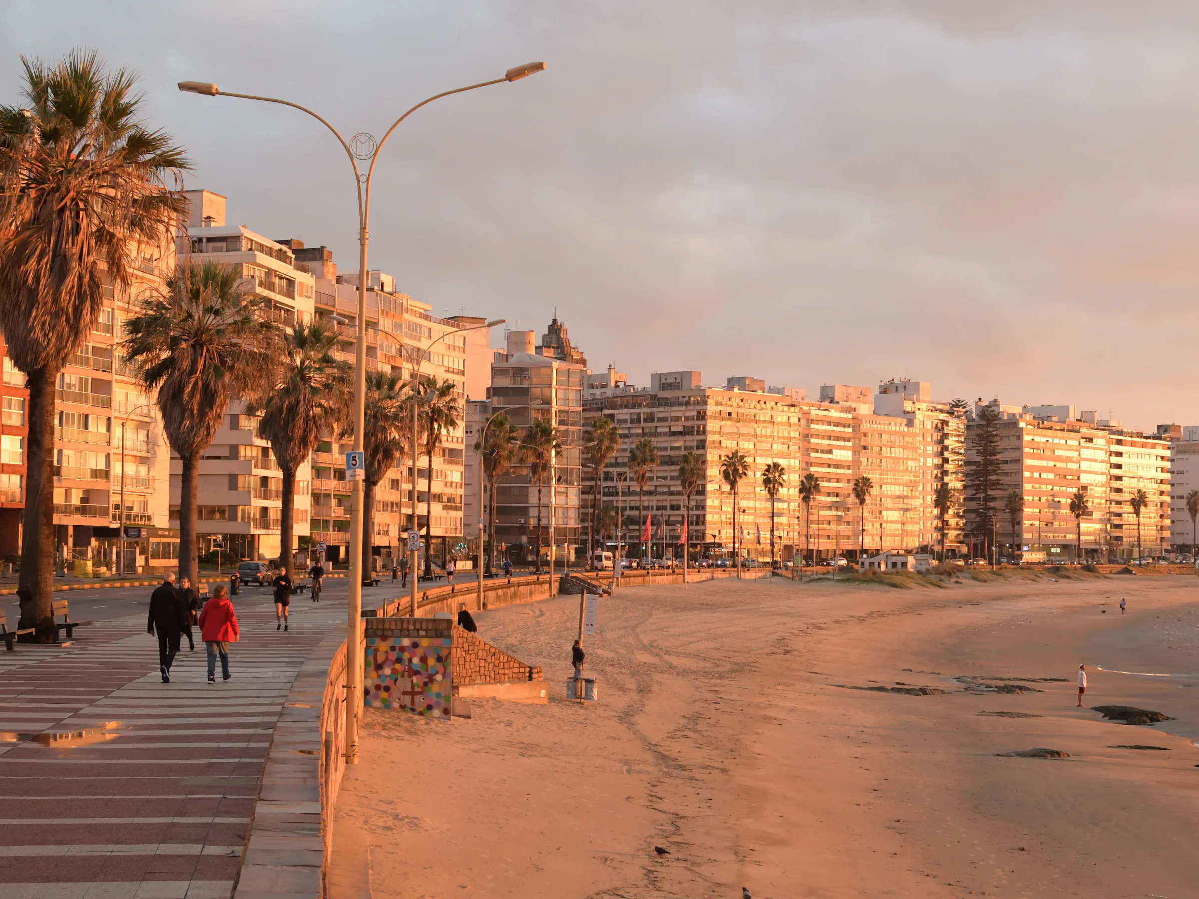 Rambla waterfront promenade with palm trees and beach at sunset in Montevideo, Uruguay