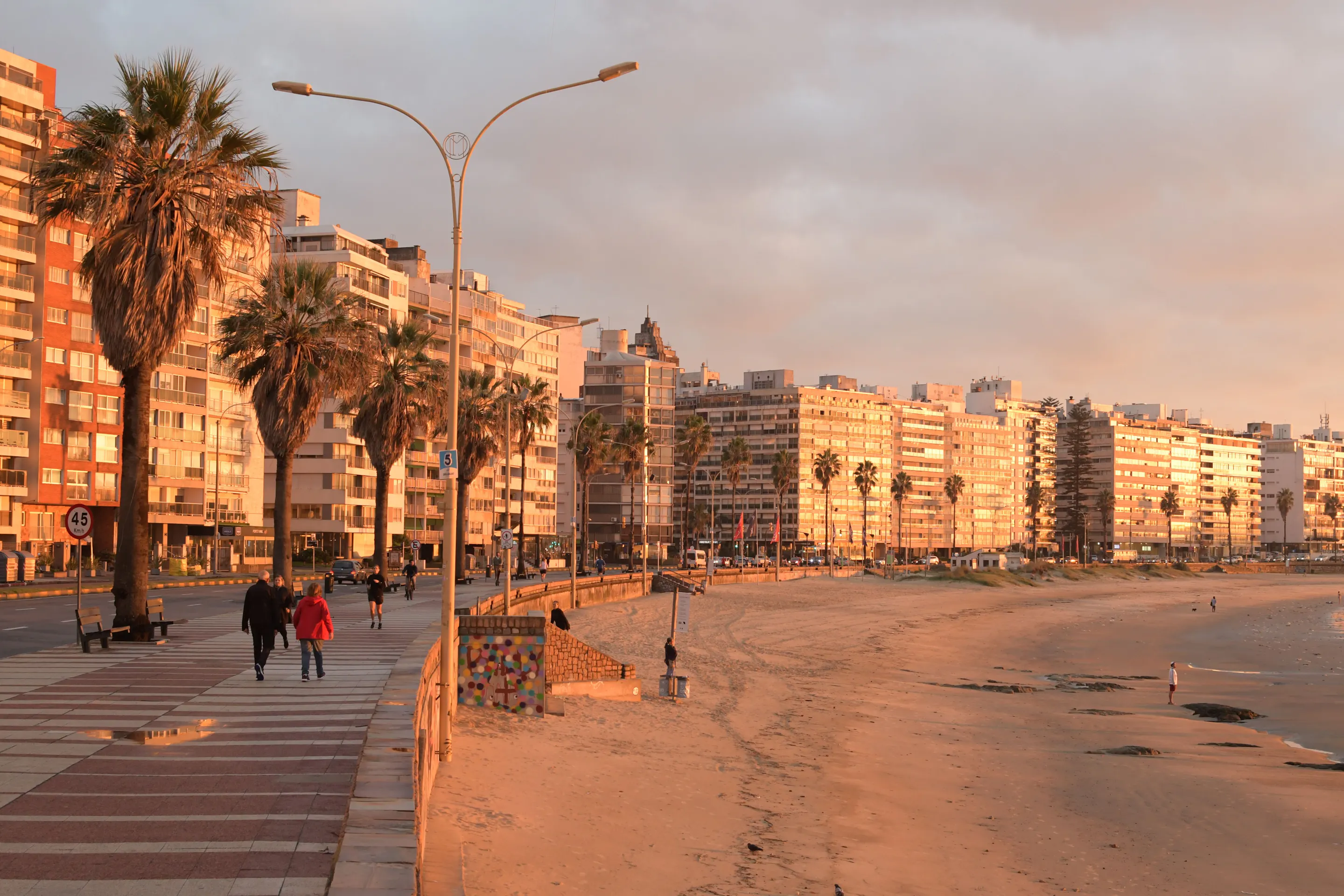 Rambla waterfront promenade with palm trees and beach at sunset in Montevideo, Uruguay