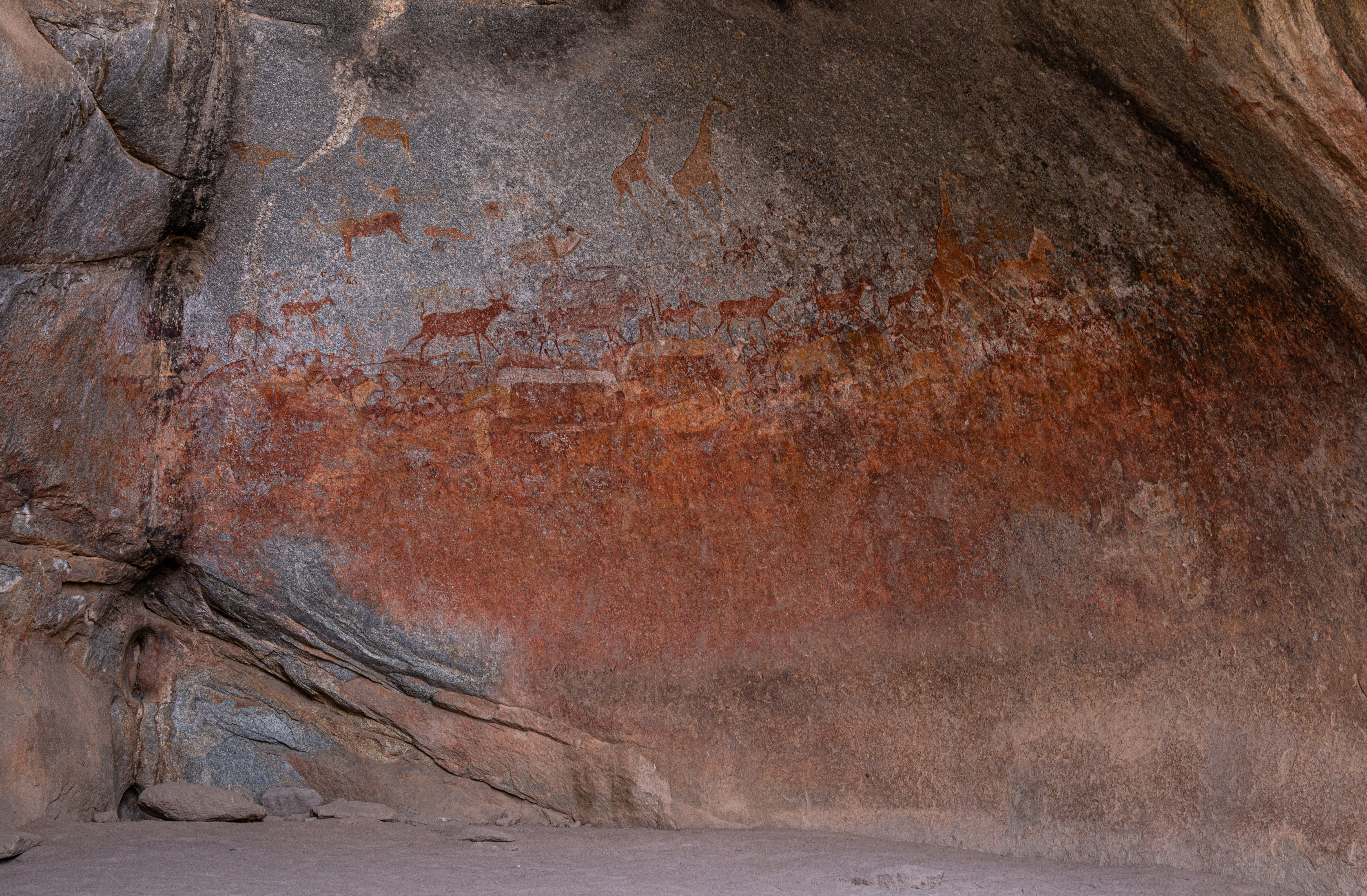 Ancient San Bushman rock art on cave wall, Matobo Zimbabwe