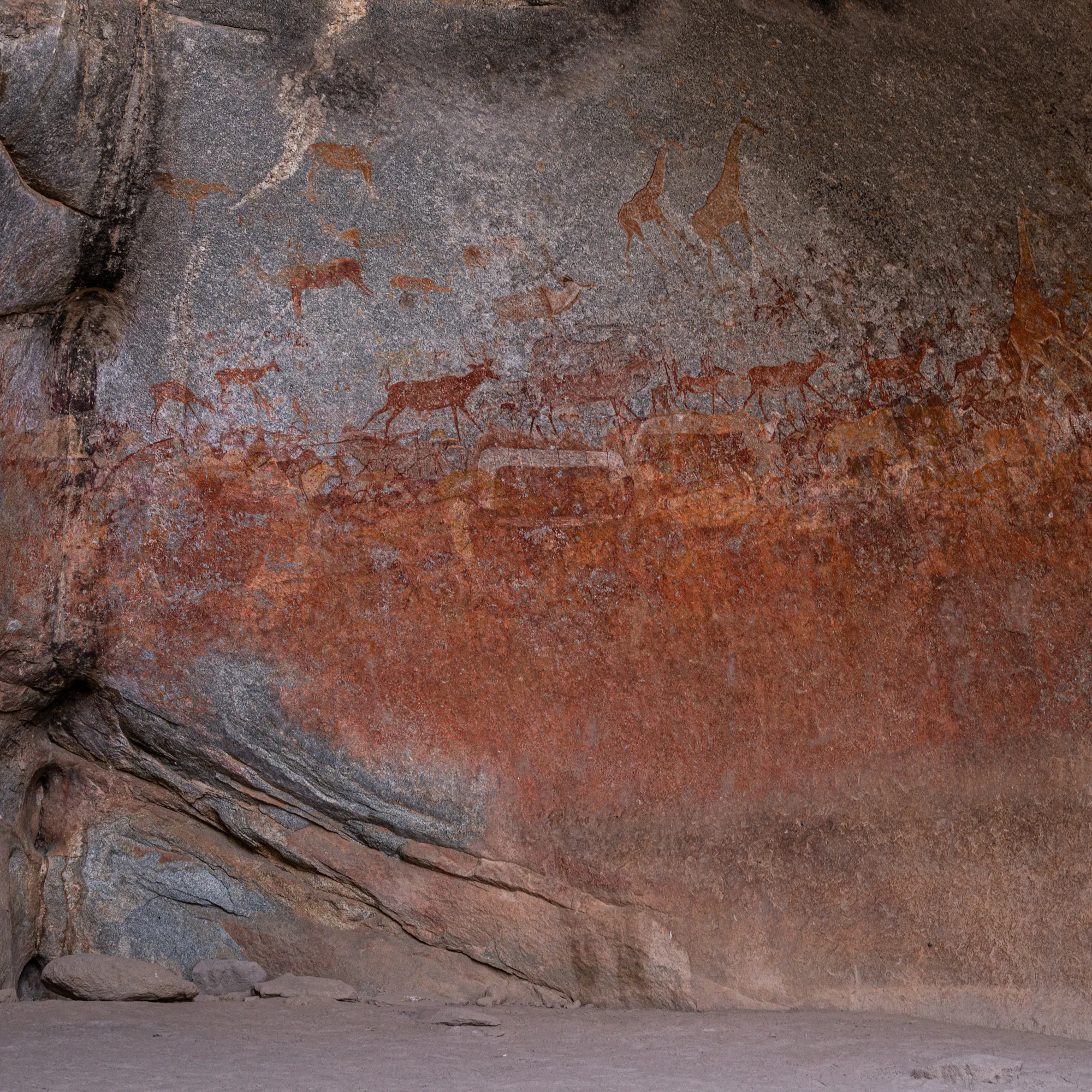 Ancient San Bushman rock art on cave wall, Matobo Zimbabwe