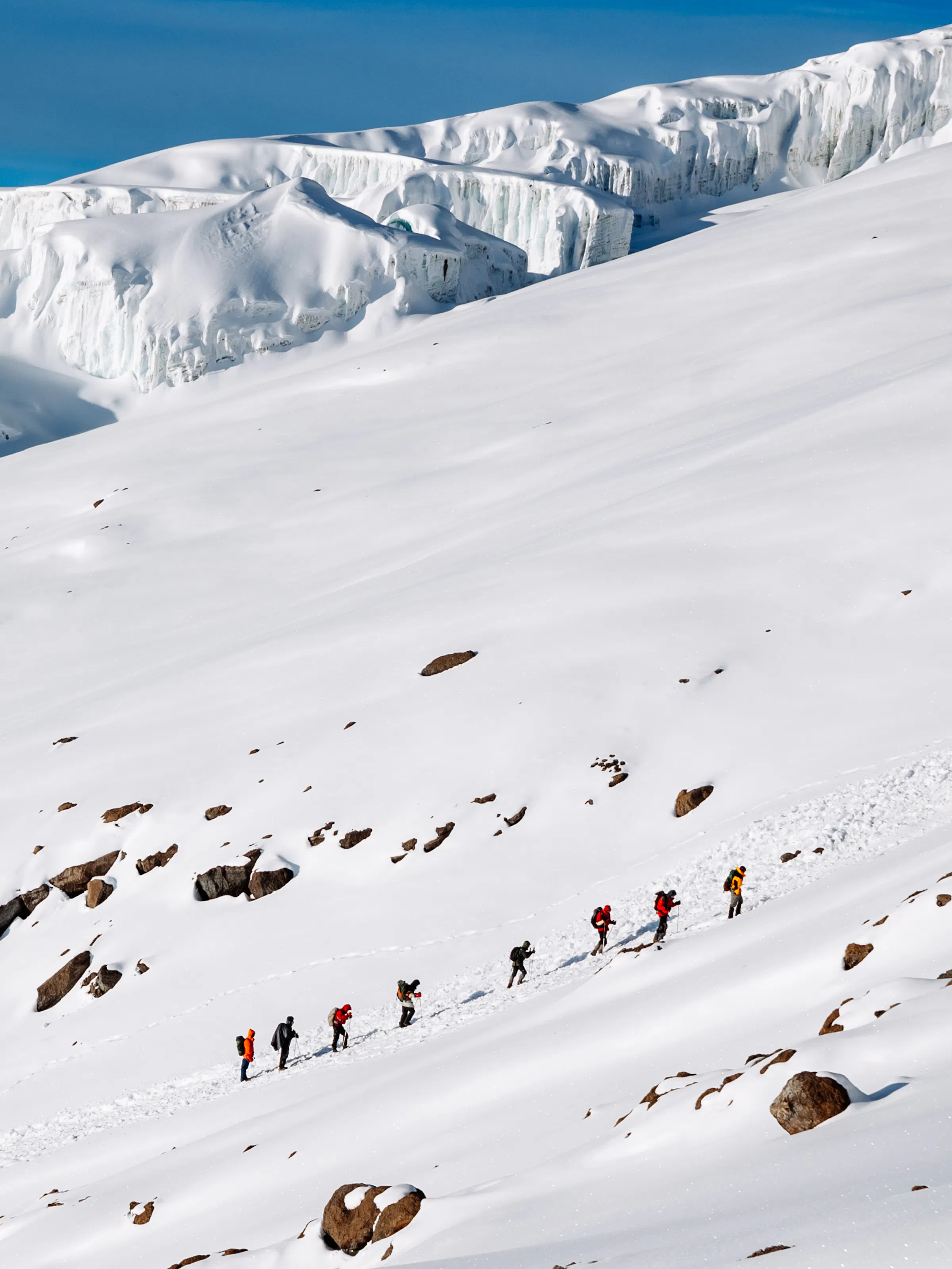 Hikers on trail toward snow-capped Mount Kilimanjaro, Tanzania