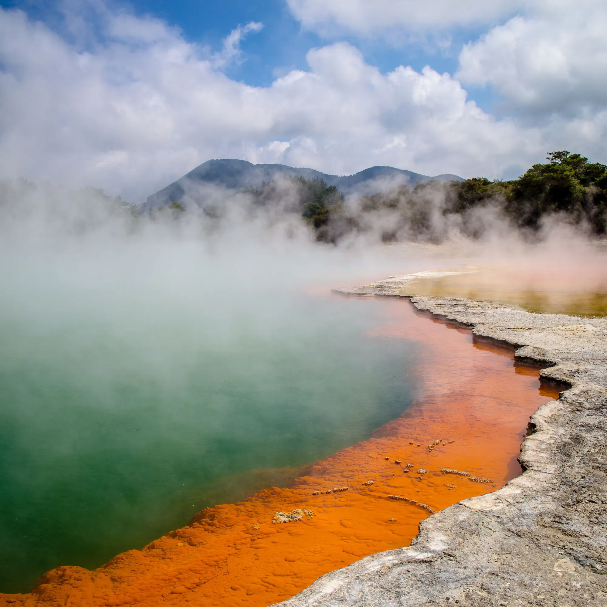 Steaming pool orange mineral edges, Wai-O-Tapu New Zealand