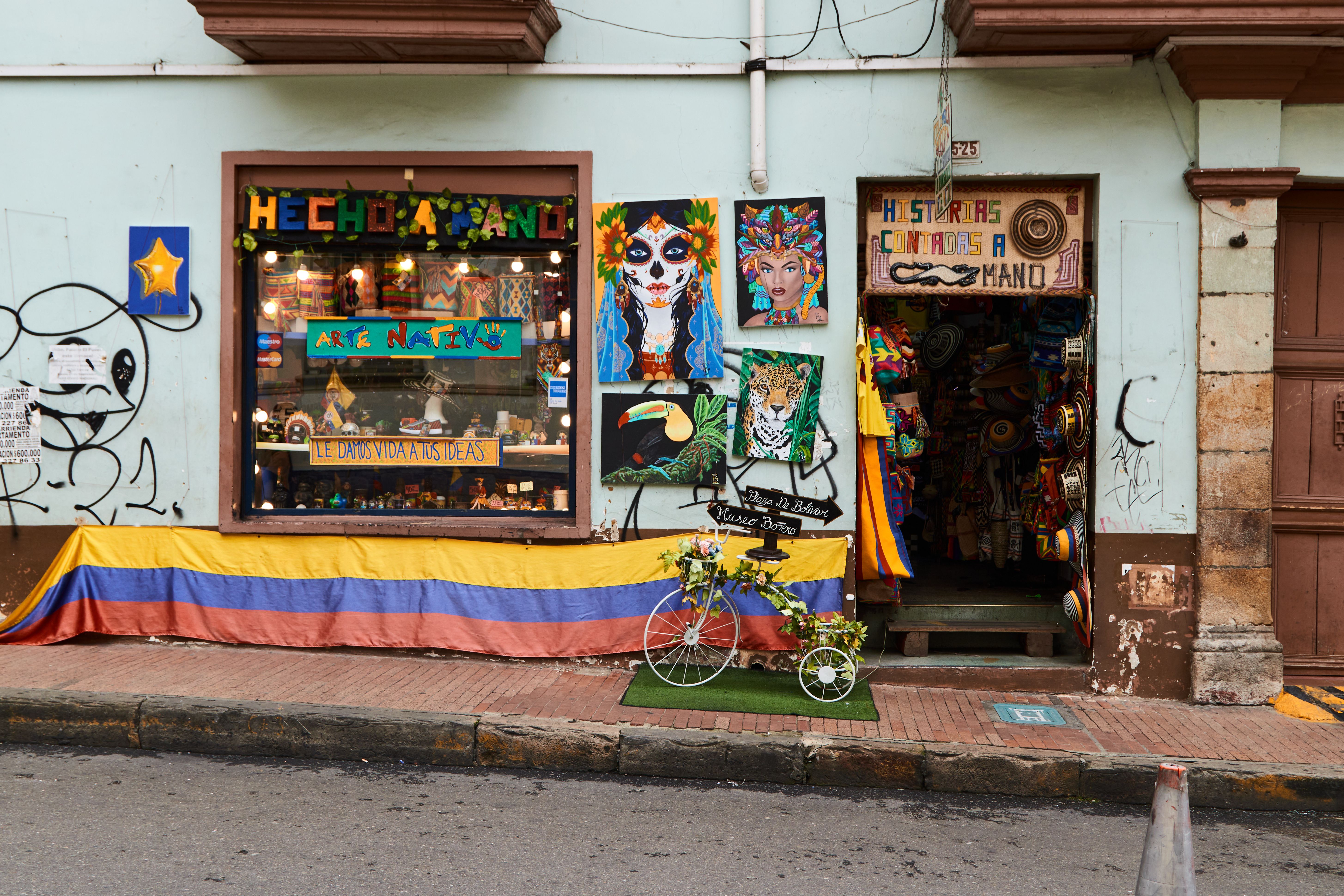 Handicraft shop selling native art and souvenirs in La Candelaria, Bogotá, Colombia