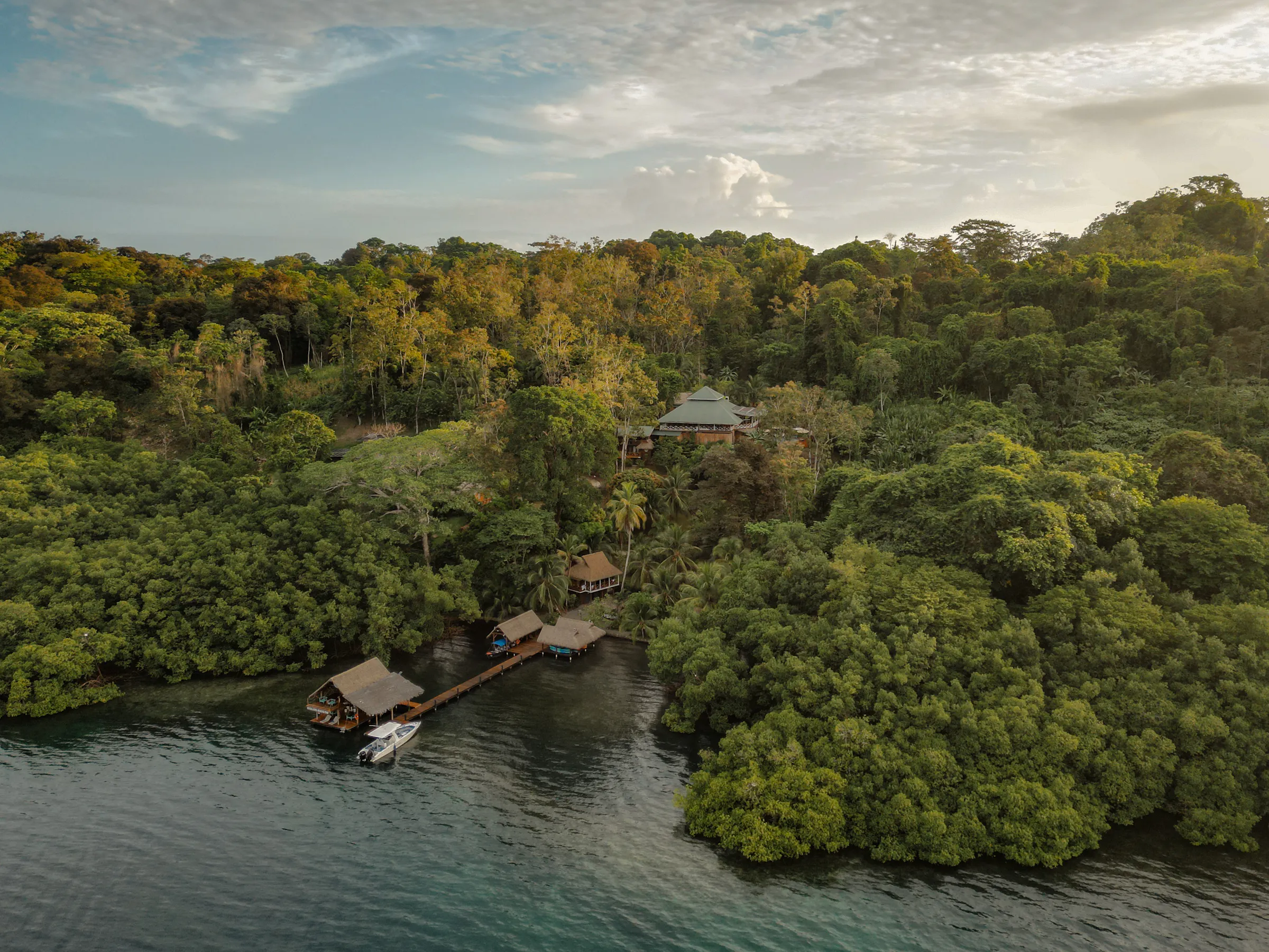 Aerial view of an overwater lodge and dock nestled in the rainforest of Bocas del Toro, Panama