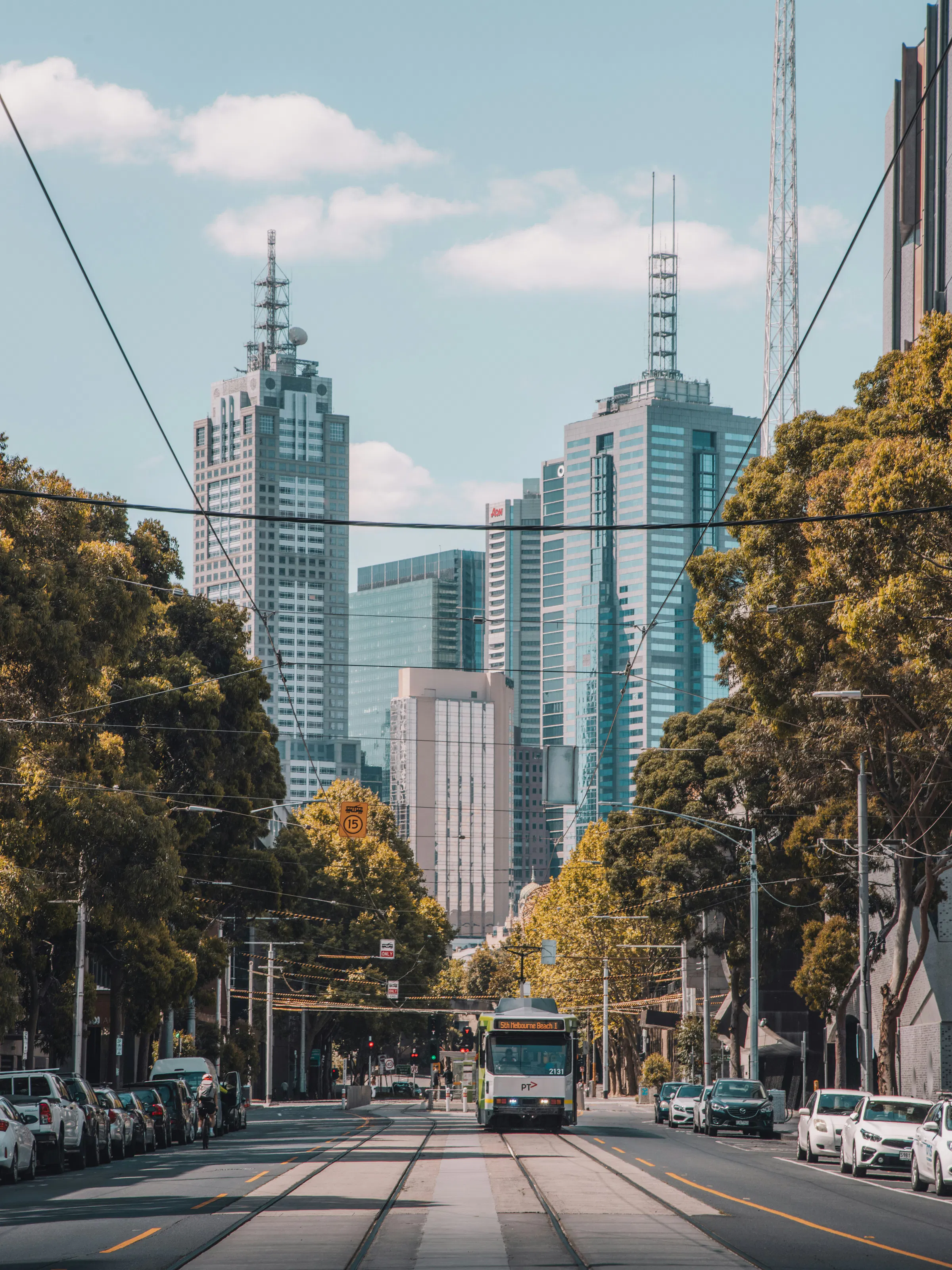 Tram running down a tree-lined street in Melbourne, Victoria with skyscrapers behind