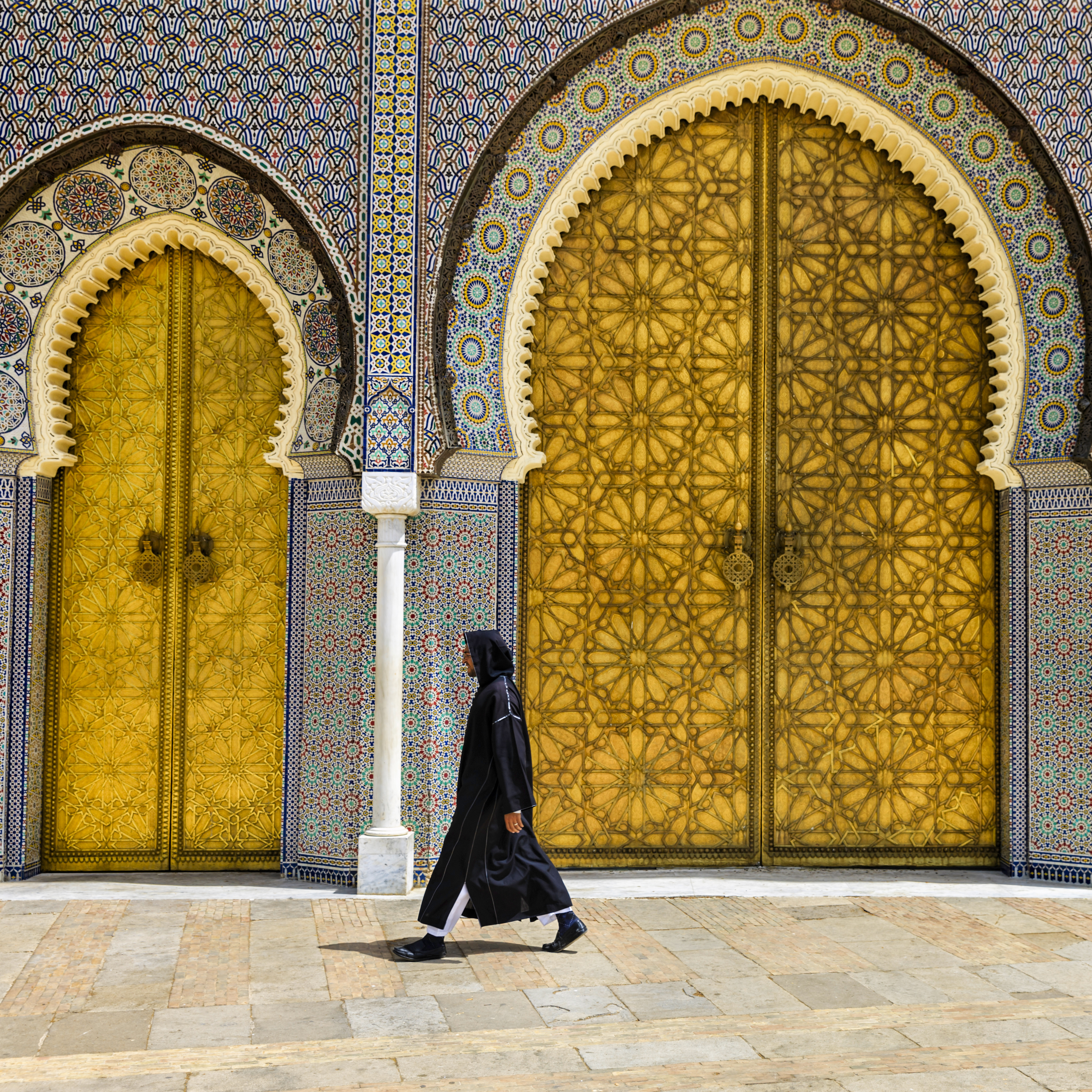 Golden gates of Royal Palace with mosaic tilework, Fez Morocco