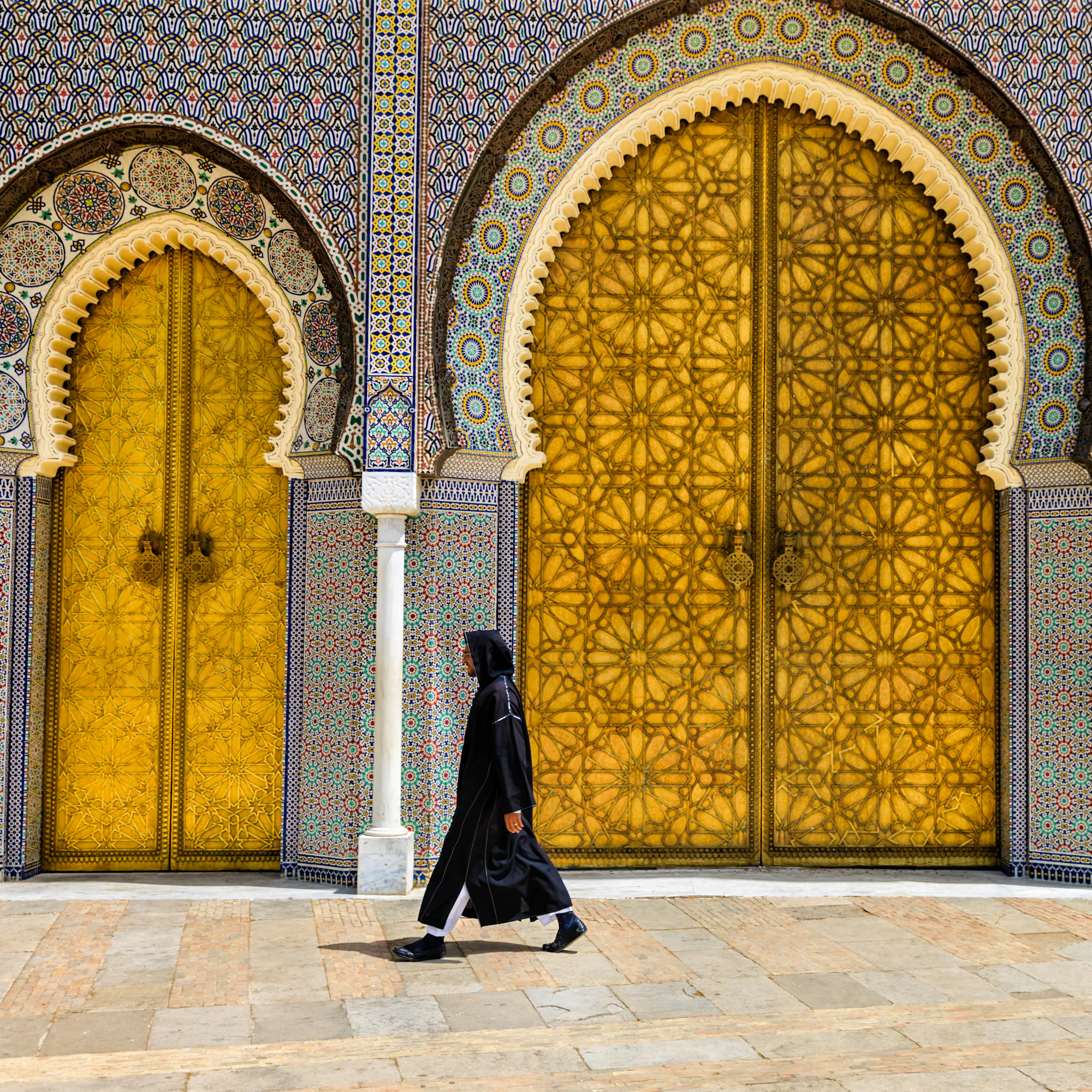 Golden gates of Royal Palace with mosaic tilework, Fez Morocco