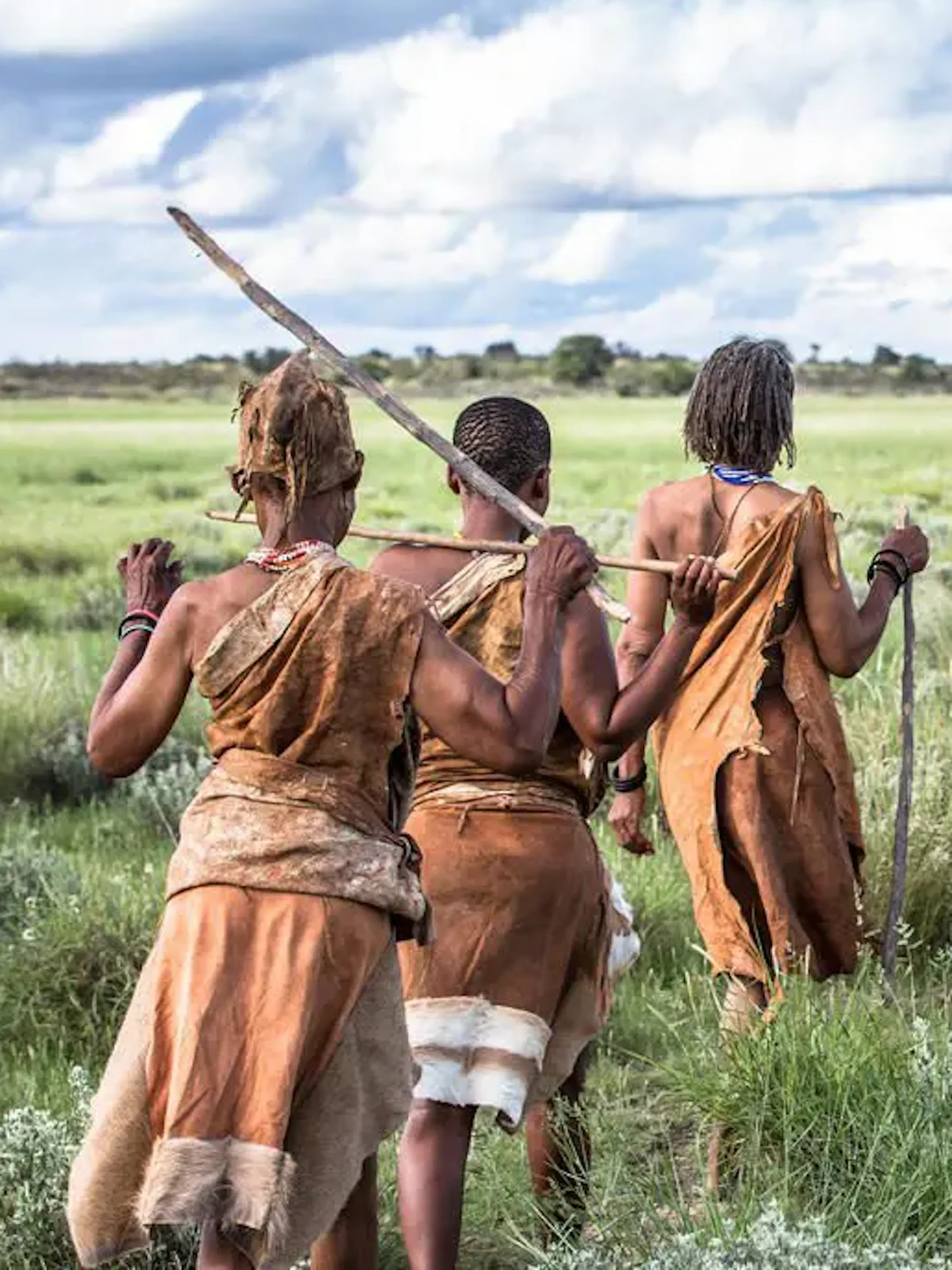 San walking group crosses open Central Kalahari grassland, seen from behind under a cloudy sky.