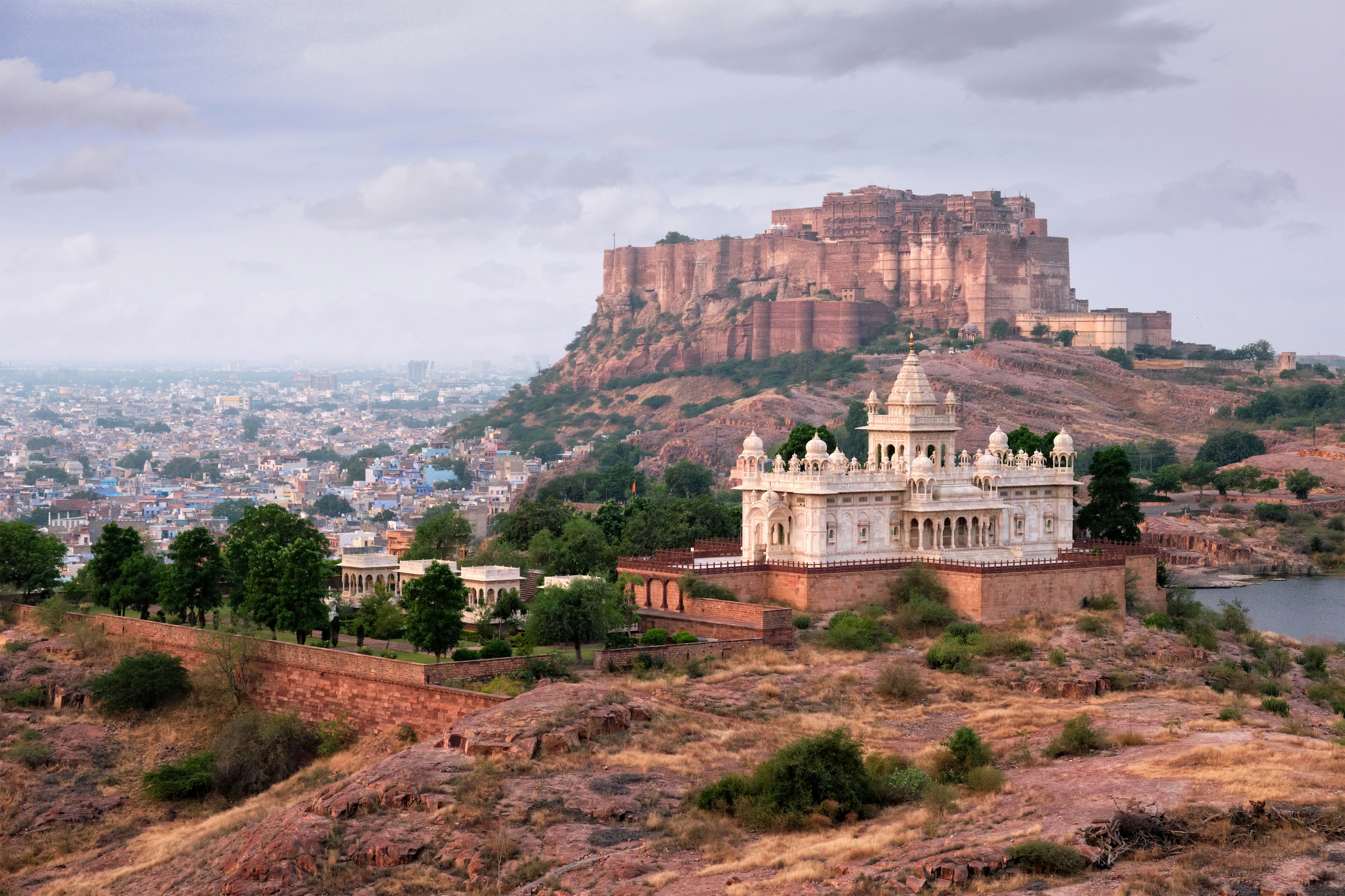Mehrangarh Fort and Jaswant Thada overlooking Jodhpur's Blue City, India
