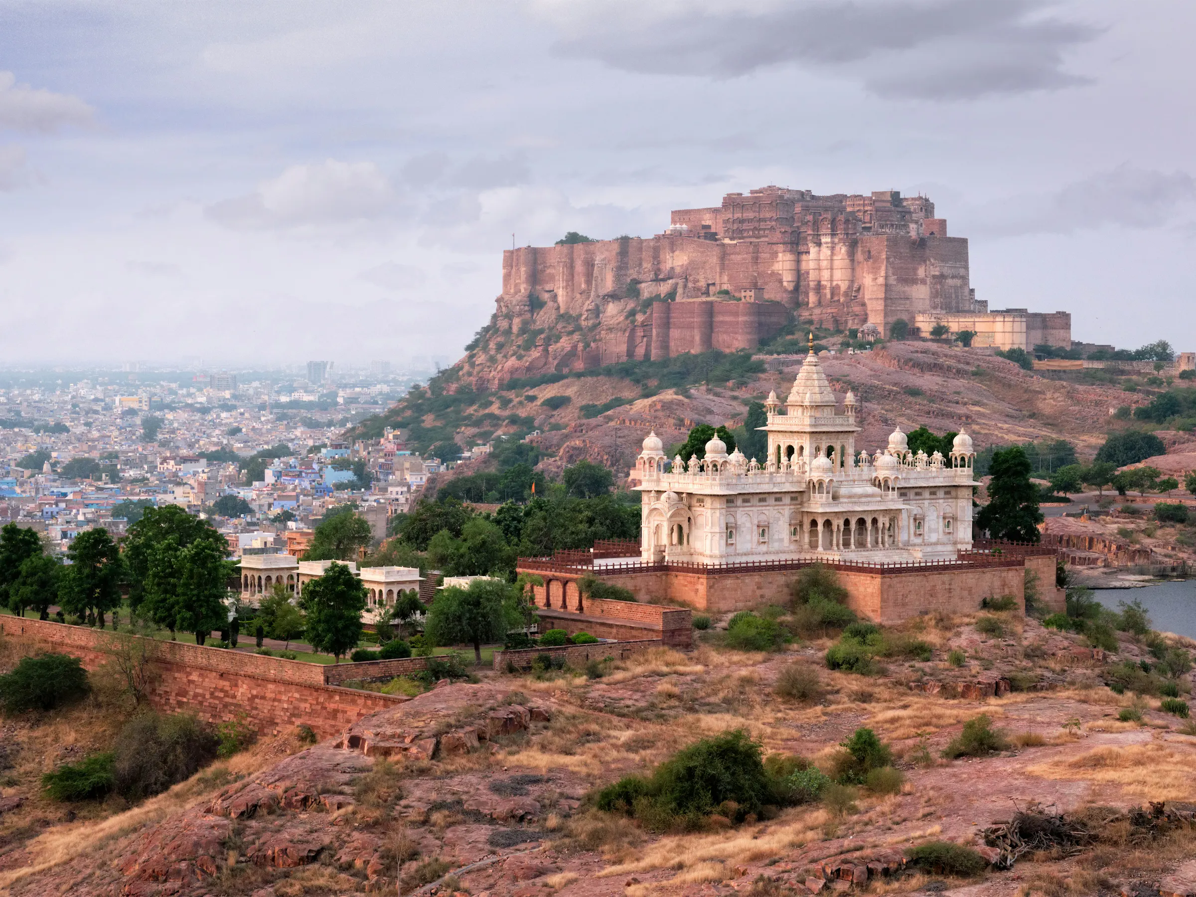Mehrangarh Fort and Jaswant Thada overlooking Jodhpur's Blue City, India