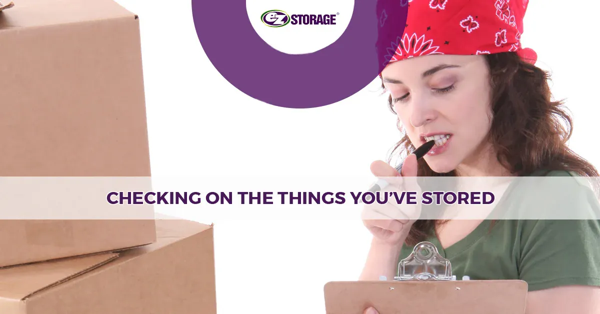 Women holding a pen and clipboard with text "checking on the things you've stored"