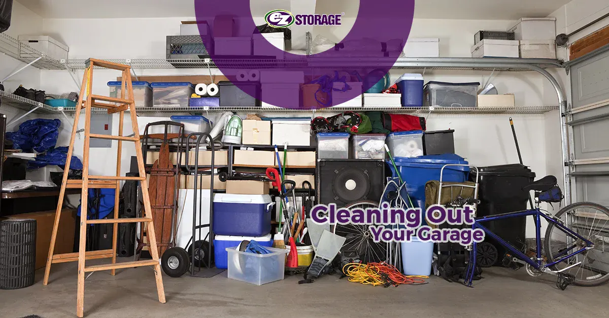 Garage full of Boxes and objects with the EZ Storage logo