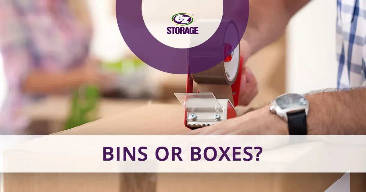 Man taping a box closed with text "bins or boxes?"