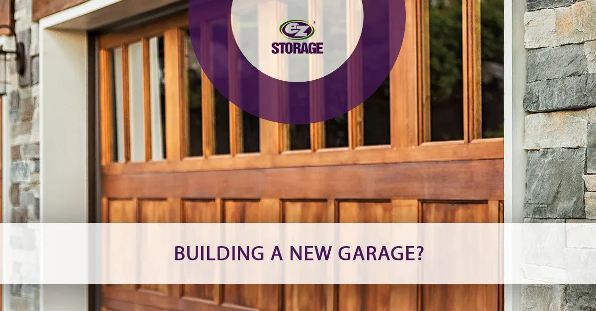 Closed garage door with text "building a new garage?"
