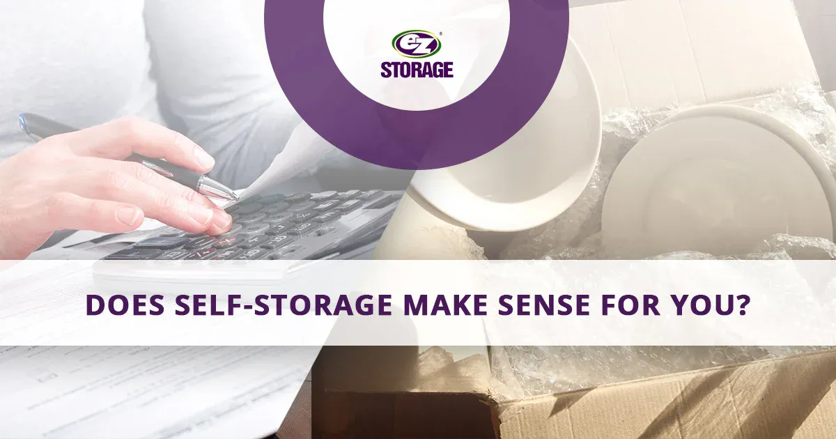 Hands typing on a keyboard and dishes in a moving box with EZ Storage logo and text "Does Self-Storage Make Sense For You?"