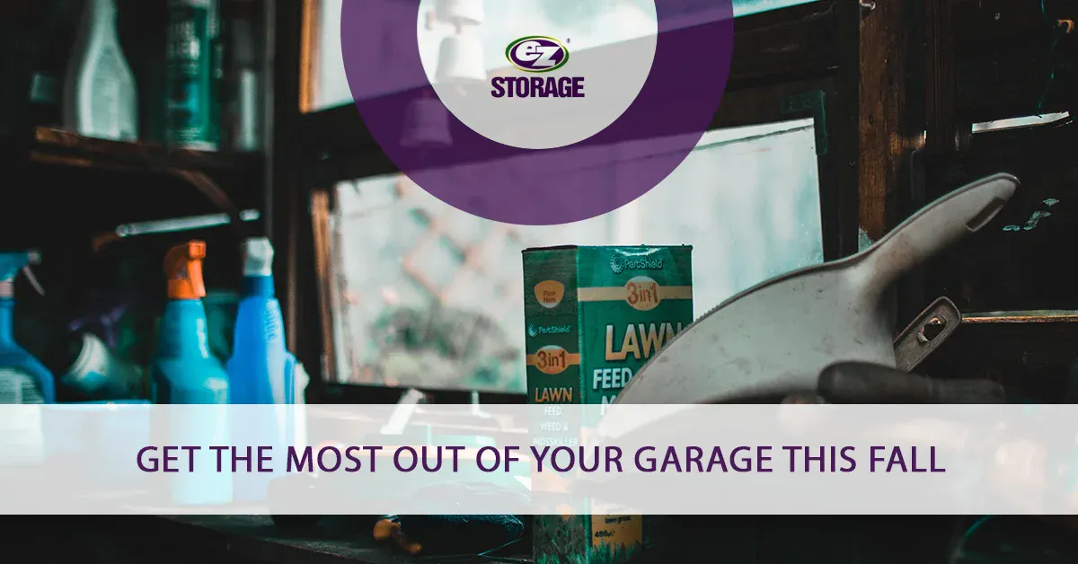 Close up of garage window sill and cleaning supplies with texrt "Get the most out of your garage this fall"