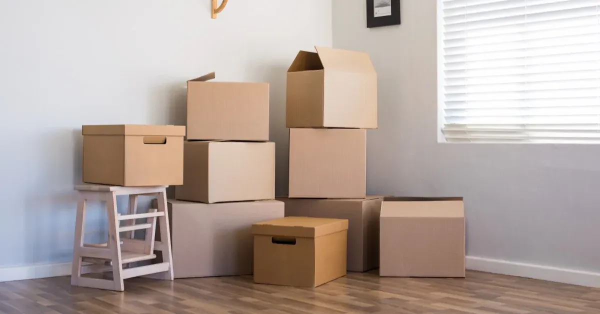 Stacked moving boxes in a corner