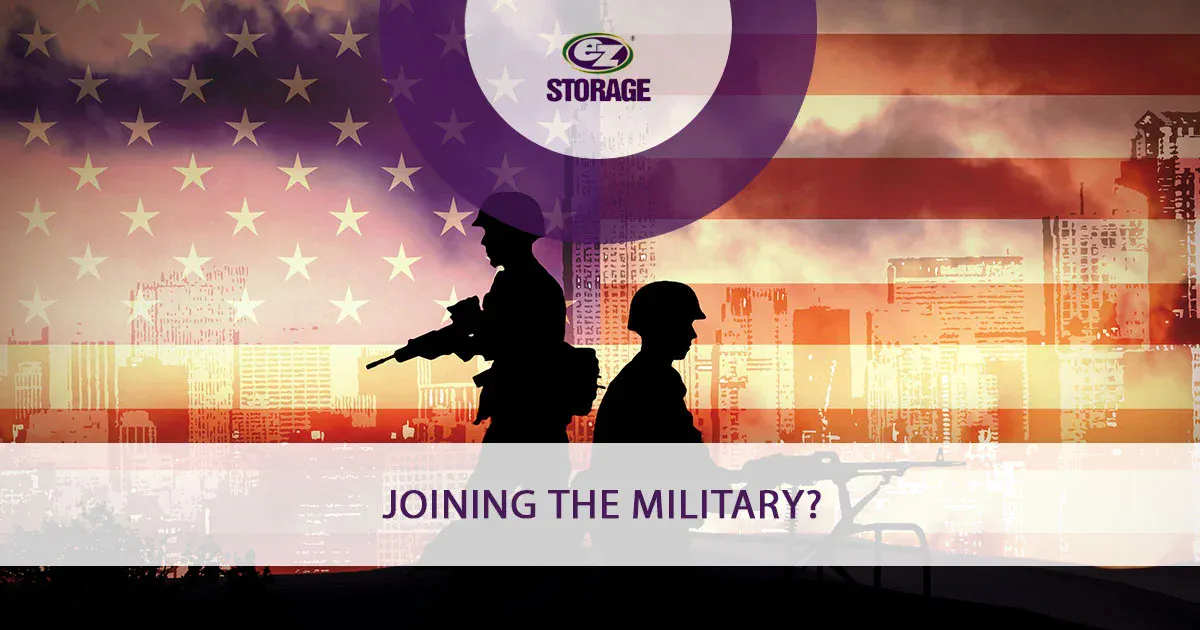 Shadow of two military men with background of US flag and text "Joining the military?"