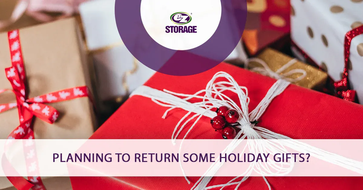 Holiday wrapped gifts and text "Planning to return some holiday gifts"