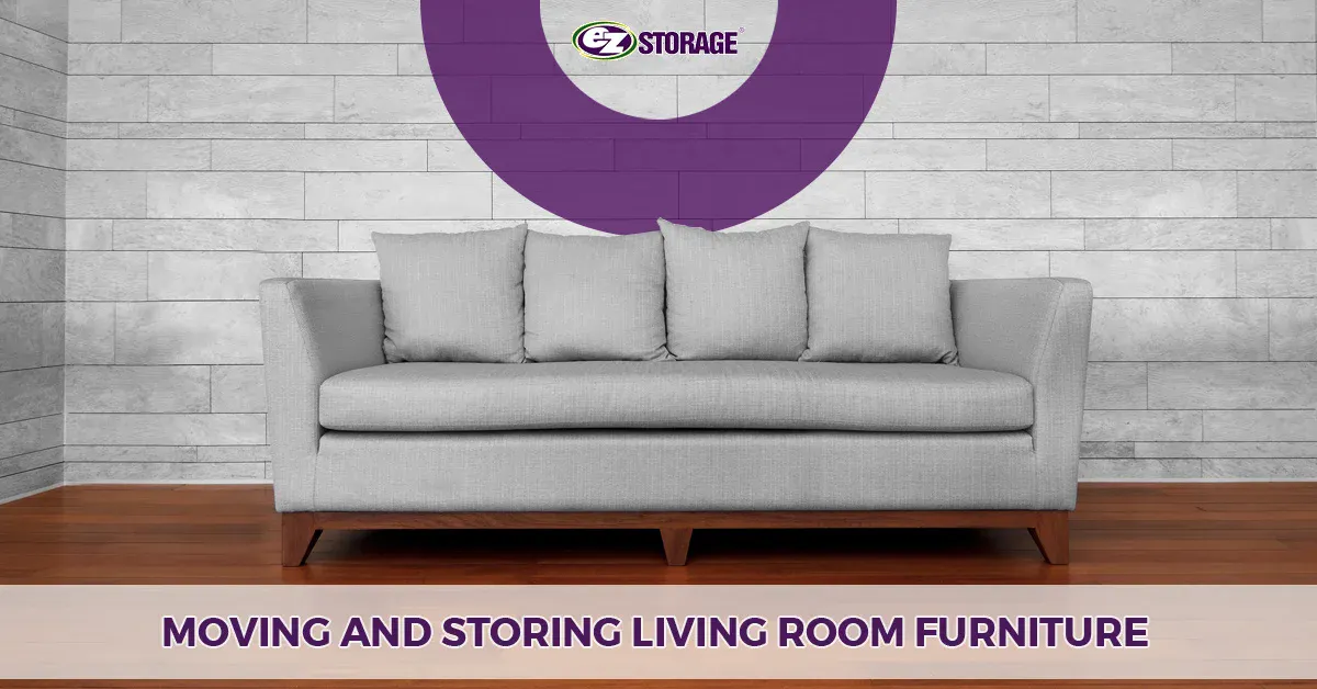 Large couch in a room with text "moving and storing living room furniture"