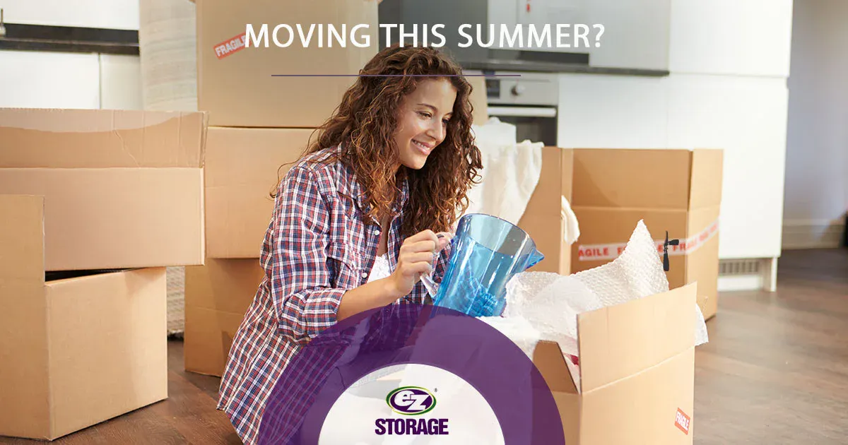 Women bubble wrapping a blue plastic pitcher and text "Moving this summer?"