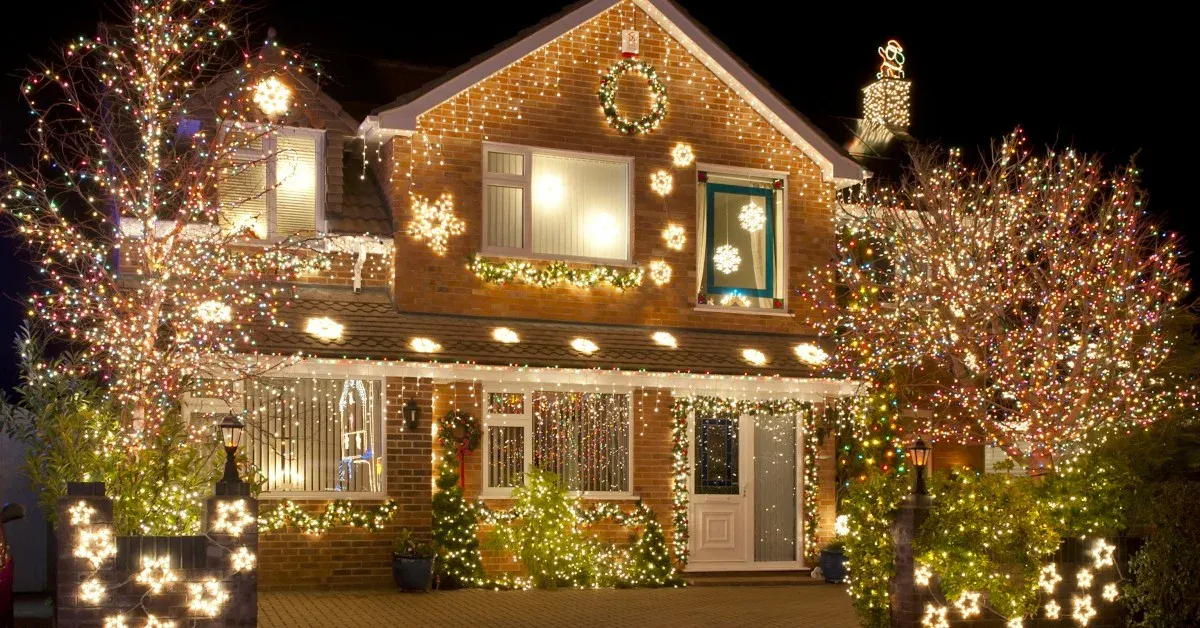 Two-floor home with Christmas lights