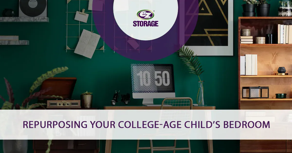 Wooden shelf and modern wall decor on green wall with EZ Storage logo and text "Repurposing Your College-Age Child's Bedroom"