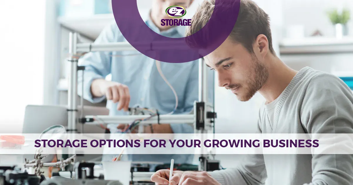 Two men working in tech with text "storage options for your growing business"