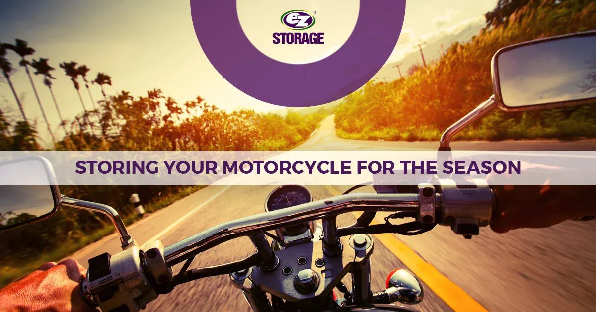 Man riding motorcycle with text "storing your motorcycle for the season"