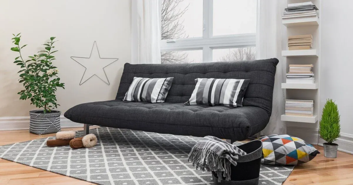 College apartment living room scene with futon sofa and gray & white color scheme.