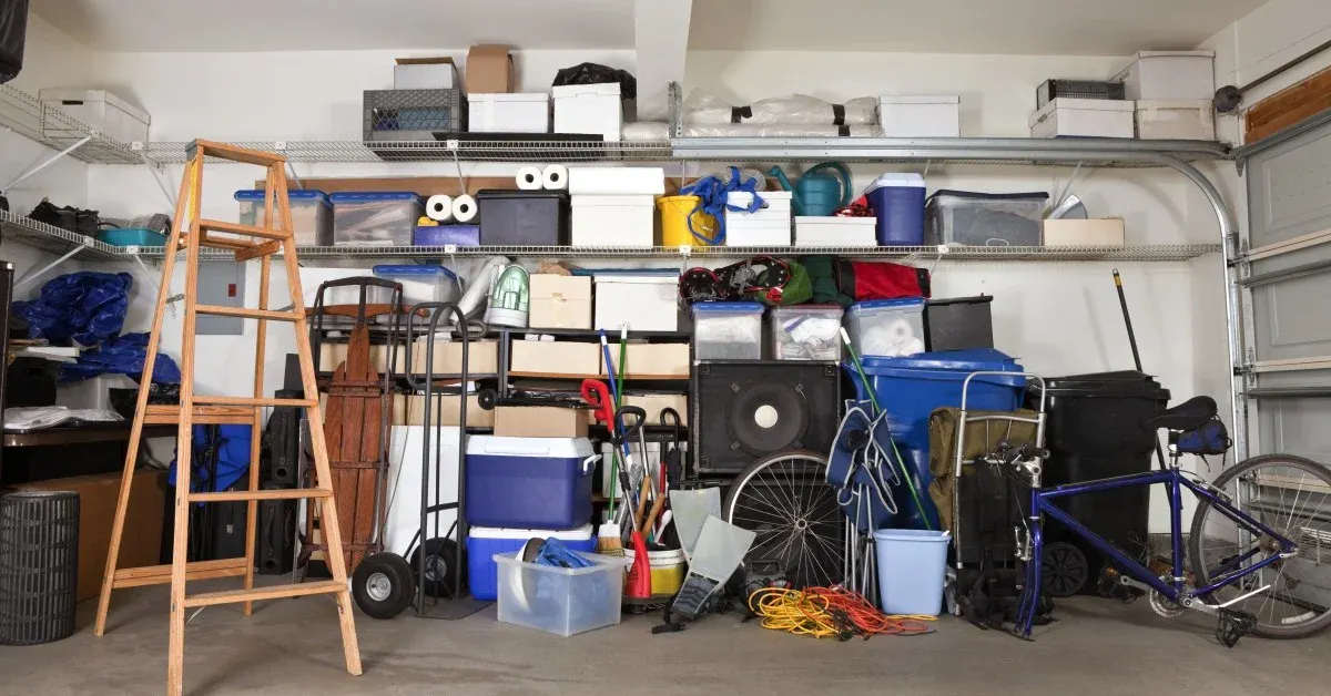 Garage with white drywall and shelving full of boxes and items