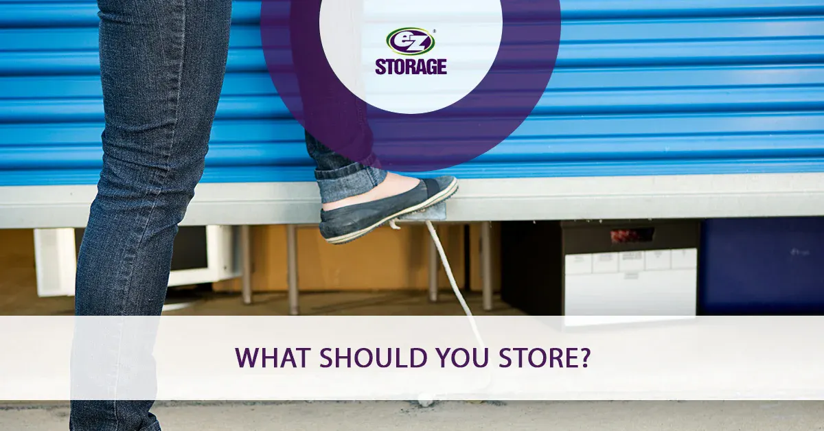 Person closing the gate to their storage locker with their foot and text "What should you store?"