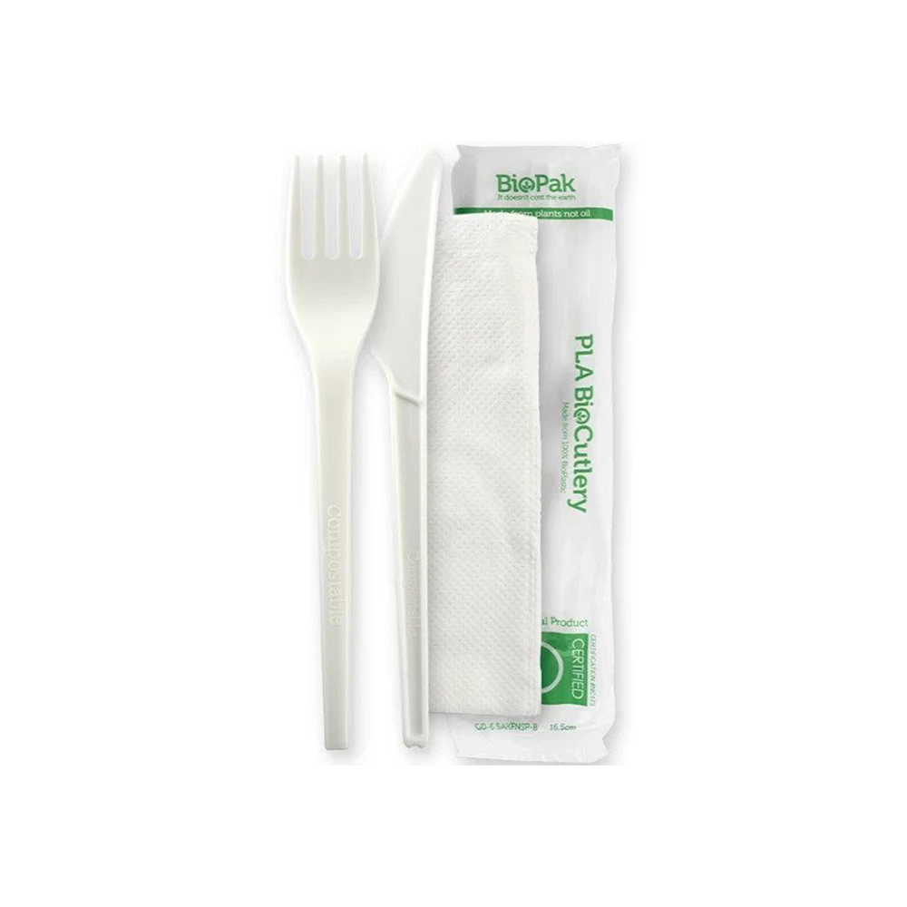 F-Pak Wholesalers - 6.5" 100% Bio PLA Knife Fork & Napkin Set