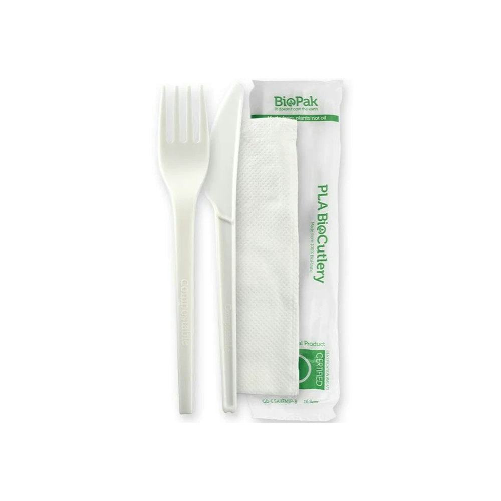 F-Pak Wholesalers - 6.5" 100% Bio PLA Knife Fork & Napkin Set