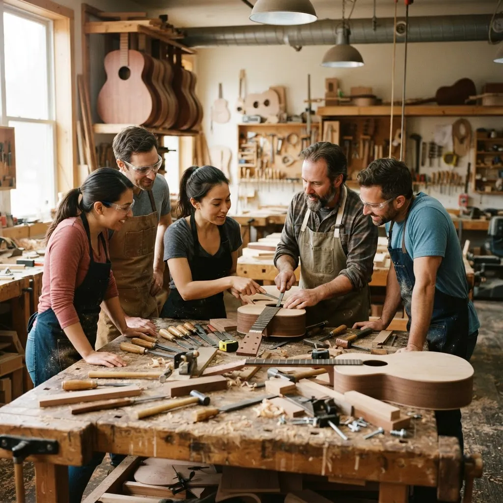 Alumnos aprendiendo a construir guitarras en el taller de lutería