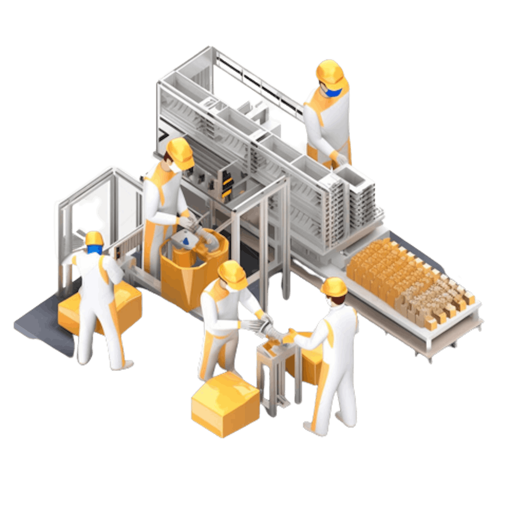 Isometric icon of workers next to a machine