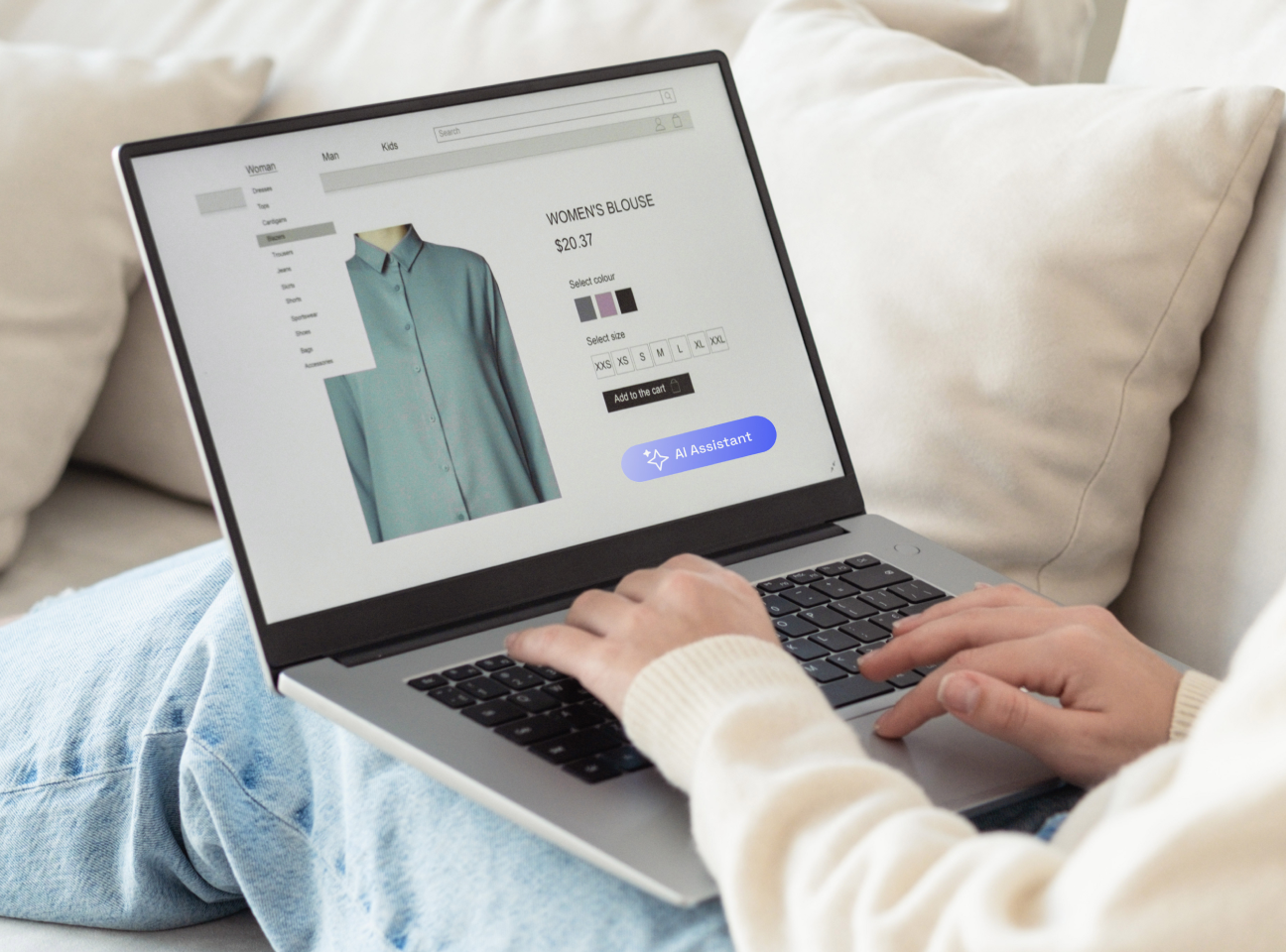 Person shopping online on a laptop with an AI assistant supporting product selection.