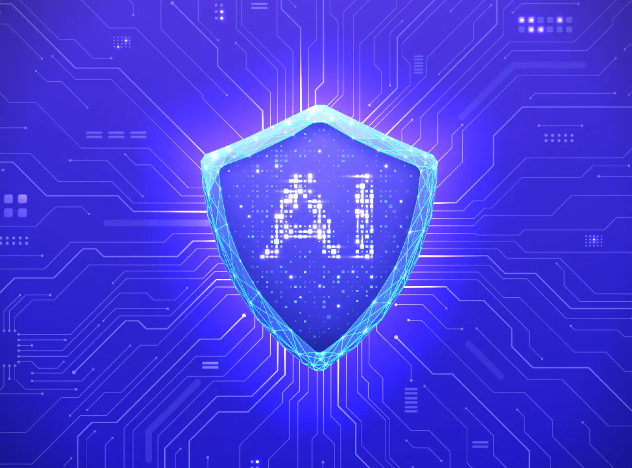 Scudo digitale con la scritta AI al centro, collegato a un circuito elettronico, simbolo dell’intelligenza artificiale applicata alla sicurezza e alla prevenzione delle frodi.