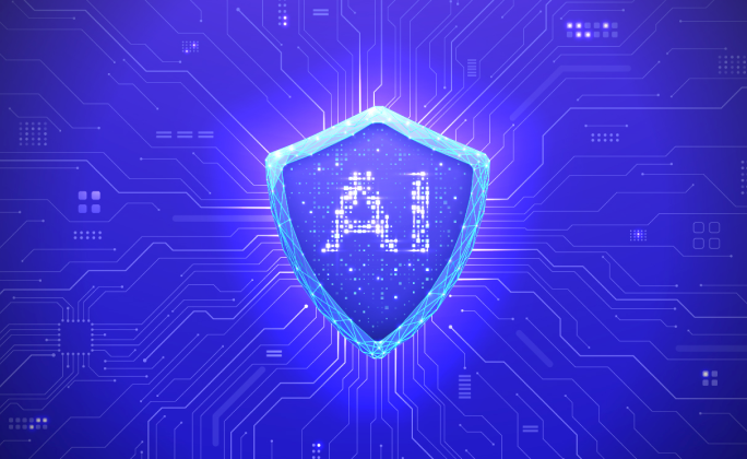 Scudo digitale con la scritta AI al centro, collegato a un circuito elettronico, simbolo dell’intelligenza artificiale applicata alla sicurezza e alla prevenzione delle frodi.