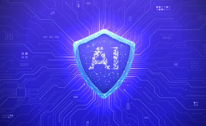 Scudo digitale con la scritta AI al centro, collegato a un circuito elettronico, simbolo dell’intelligenza artificiale applicata alla sicurezza e alla prevenzione delle frodi.